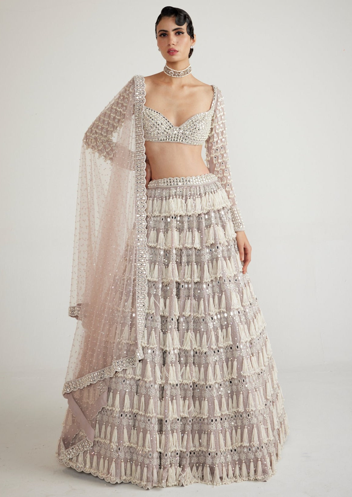 Ash Pink Chandelier Pearl Drop Full Sleeve Lehenga Set