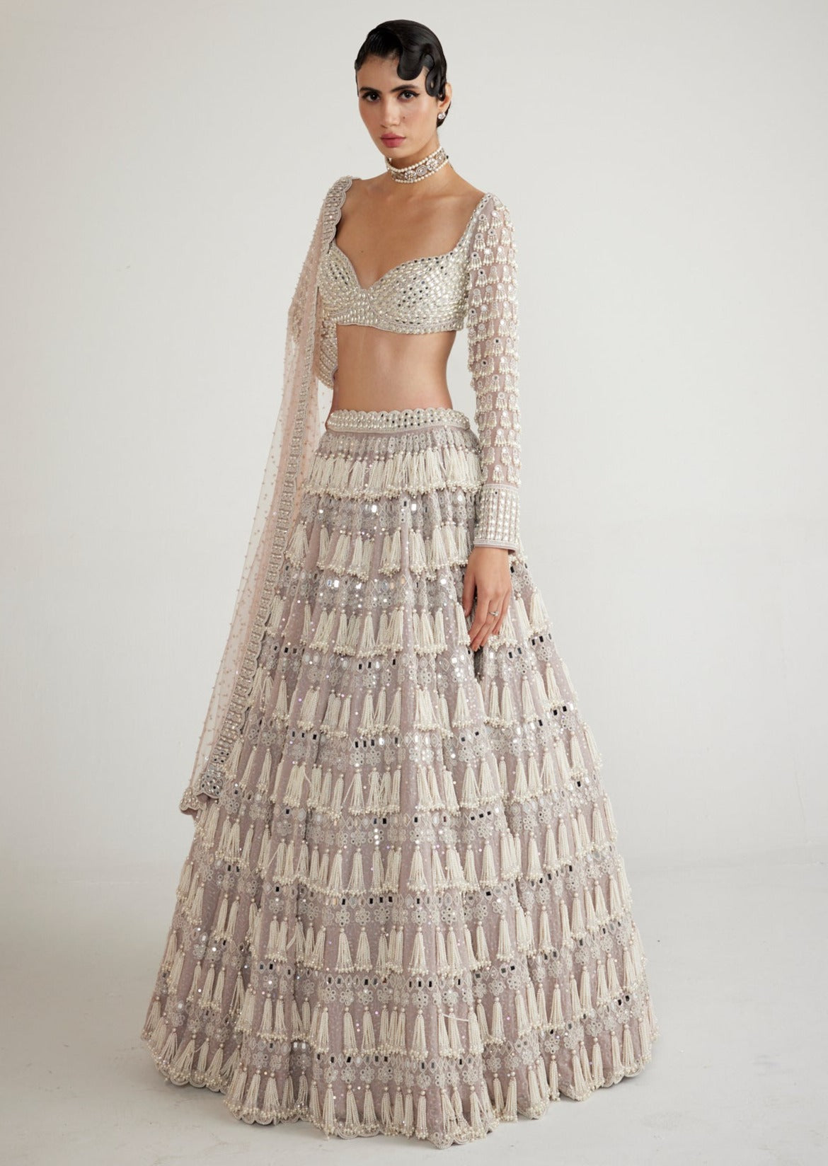 Ash Pink Chandelier Pearl Drop Full Sleeve Lehenga Set