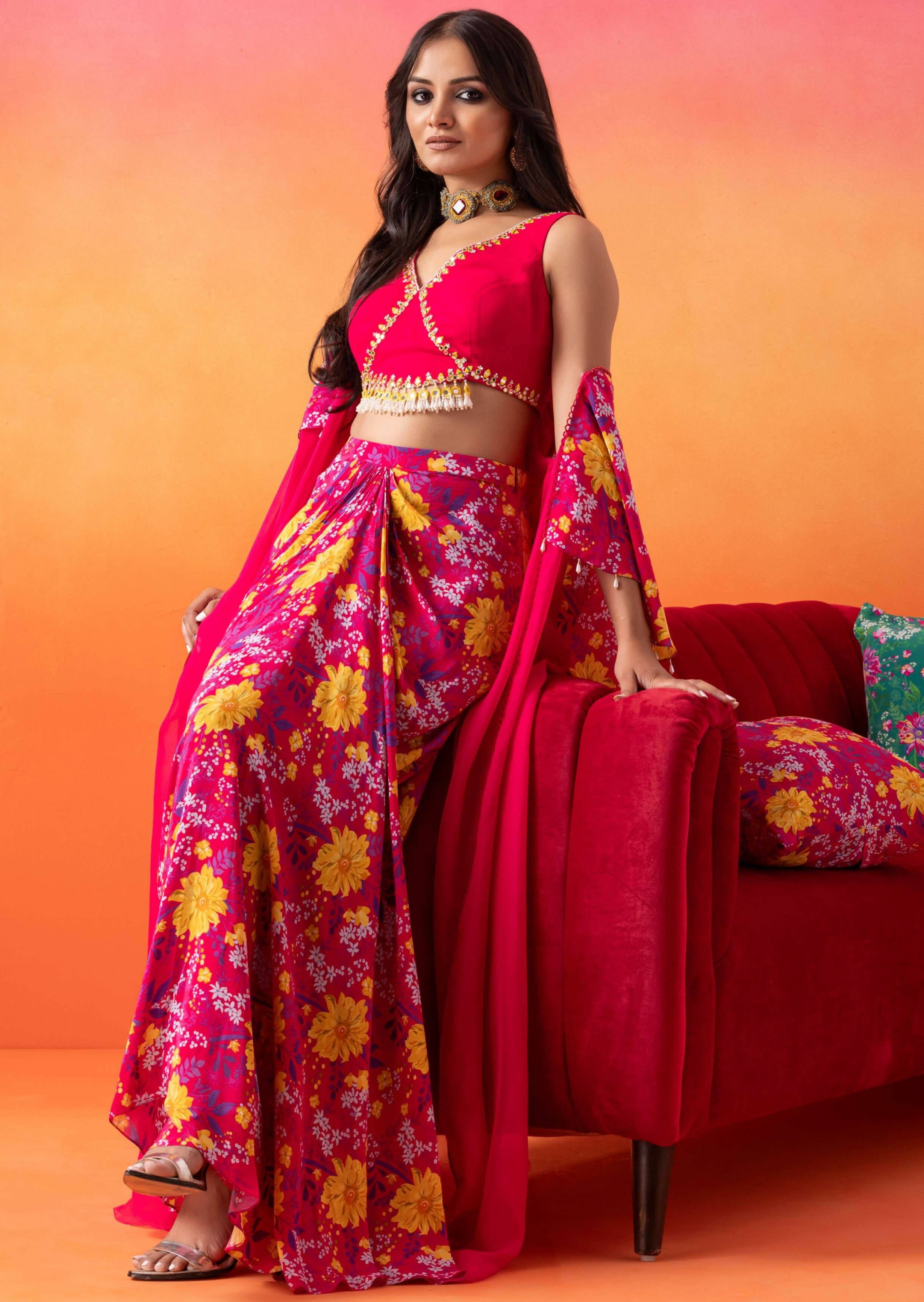 Fuschia Pink Floral Skirt Set