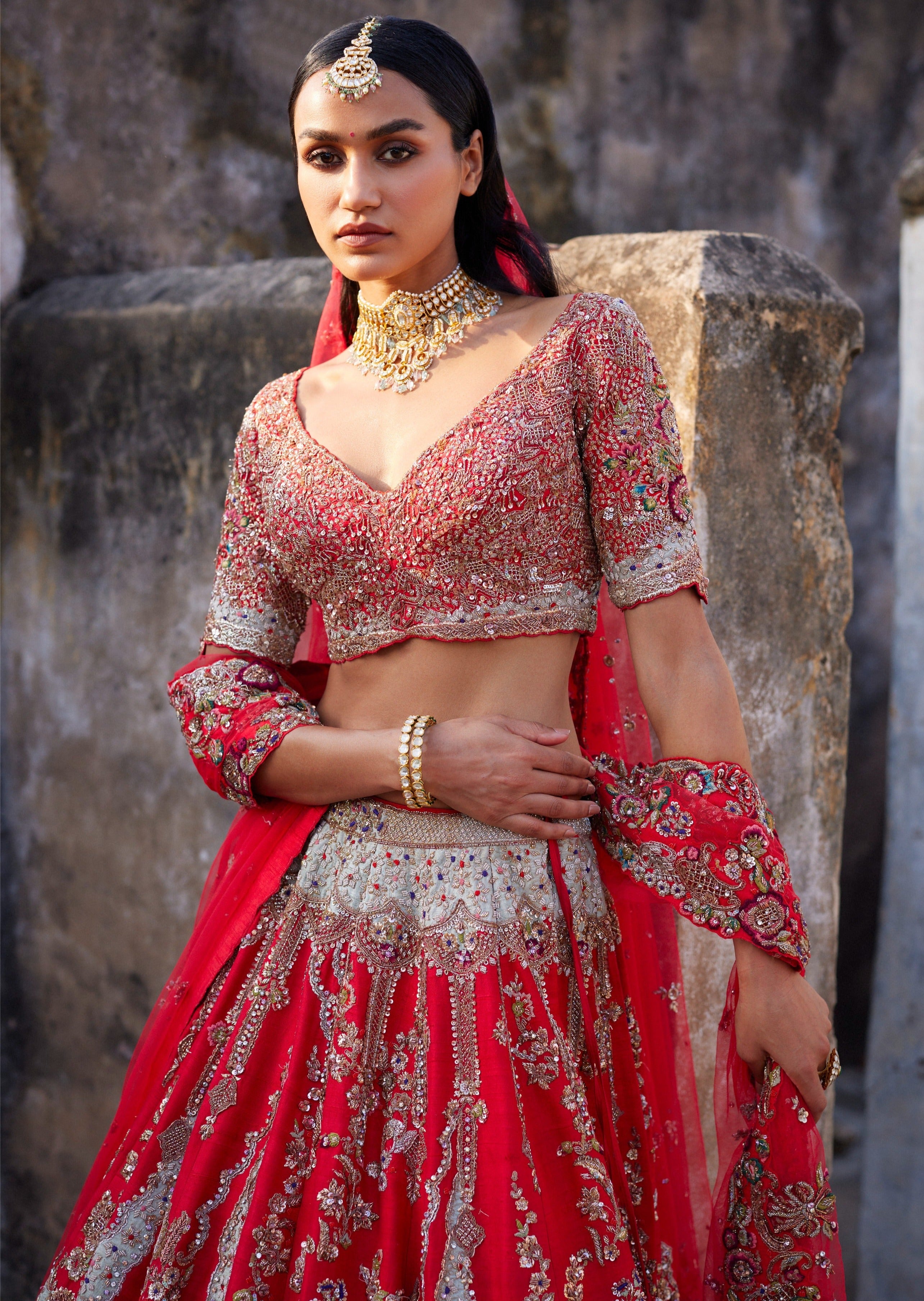Lillian Red Raw Silk Bridal Lehenga Set
