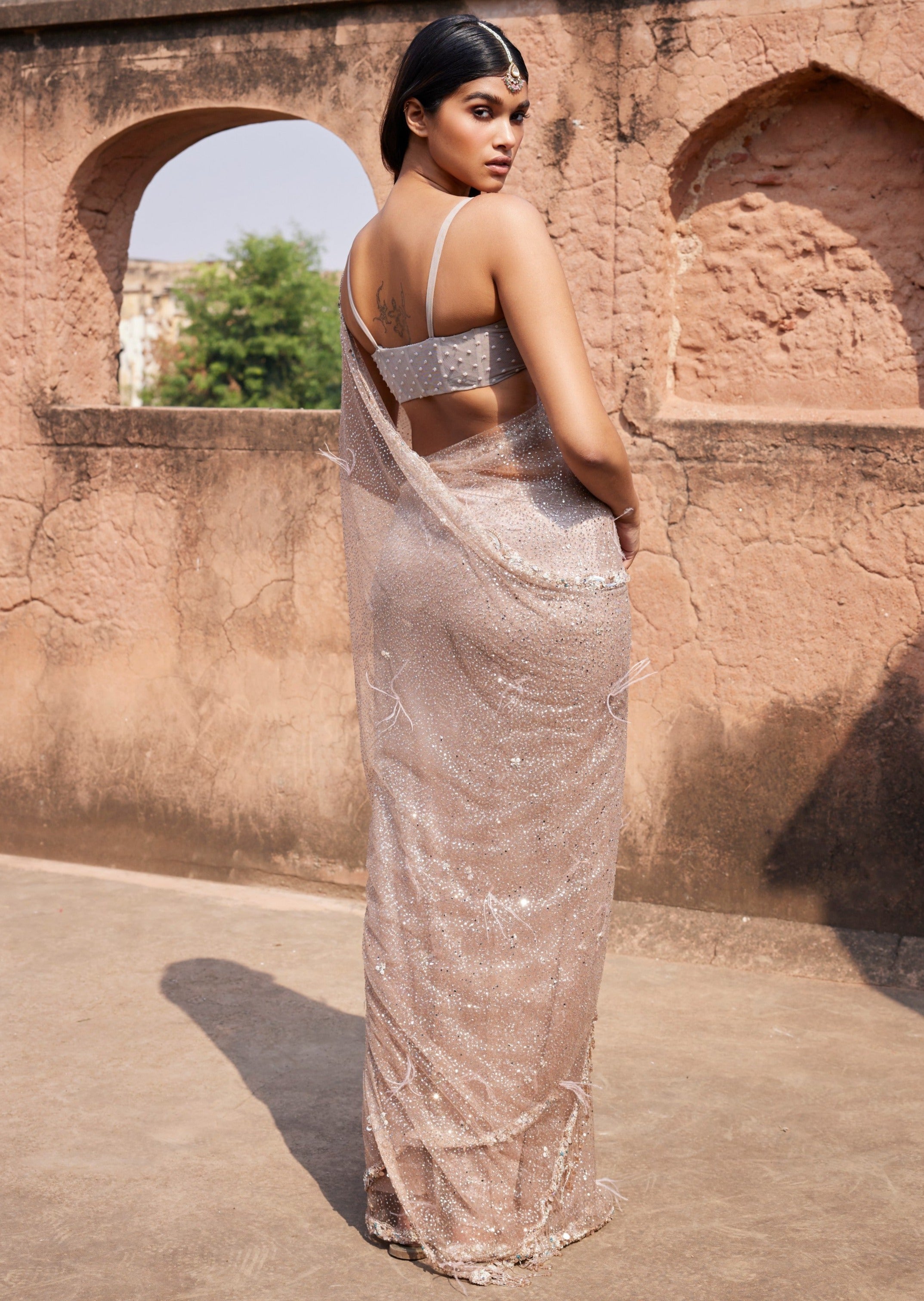 Arete Dusty Ivory Shimmer Tulle Bridal Sari