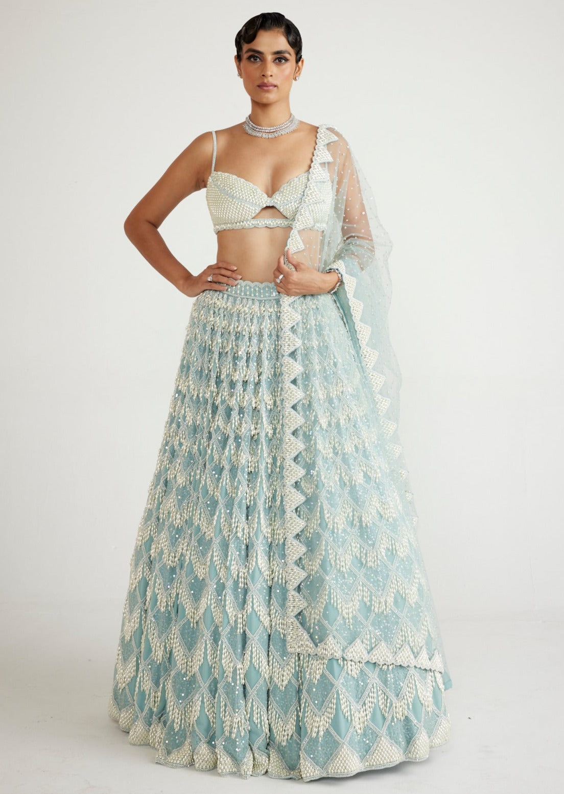 Powder Blue Chandelier Pearl Drop Lehenga Set