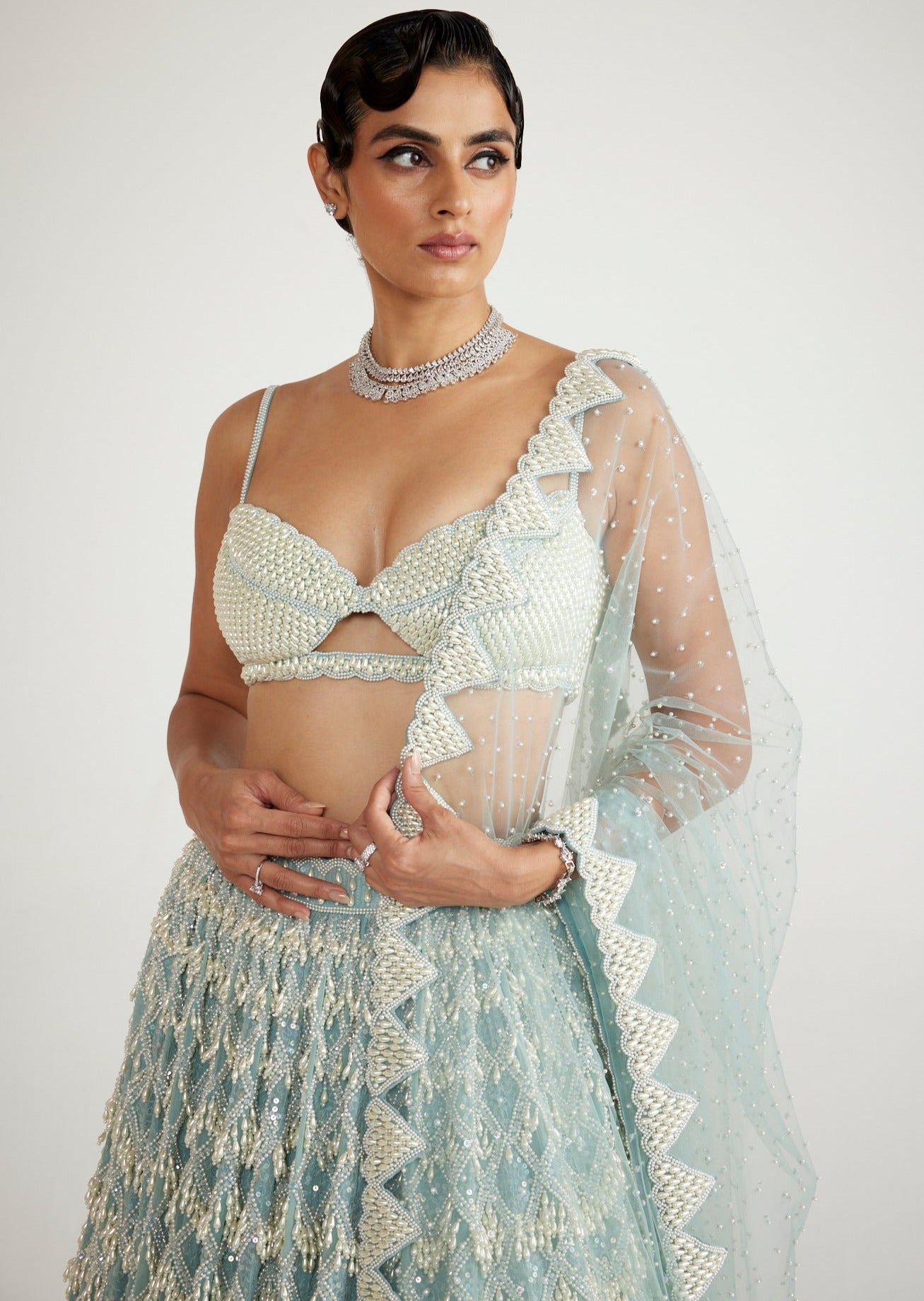 Powder Blue Chandelier Pearl Drop Lehenga Set