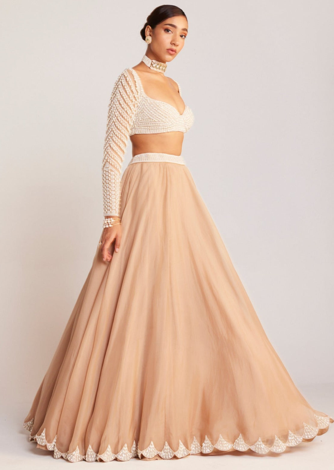 Beige Pearl Chandelier Drop Organza Lehenga Set
