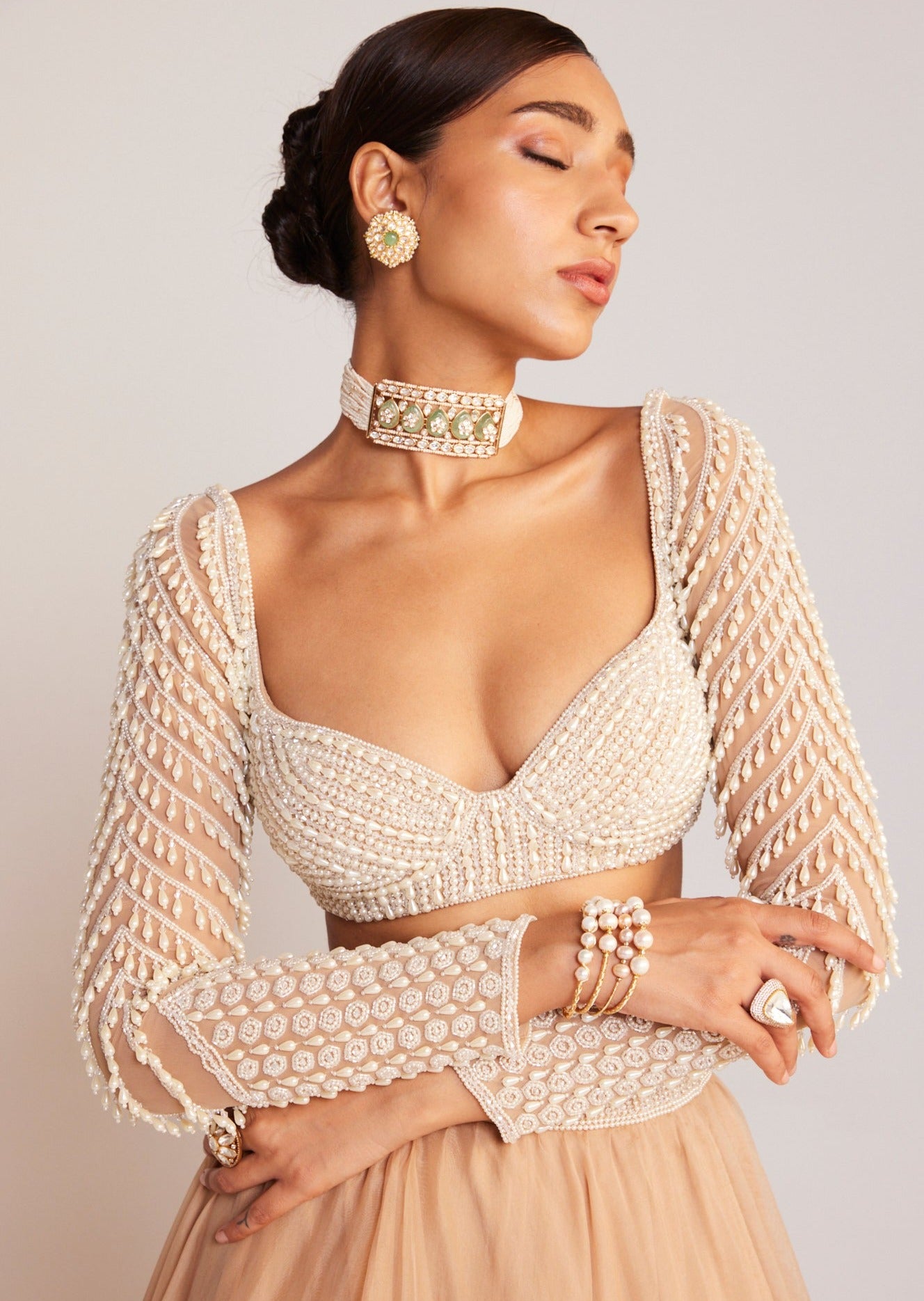 Beige Pearl Chandelier Drop Organza Lehenga Set