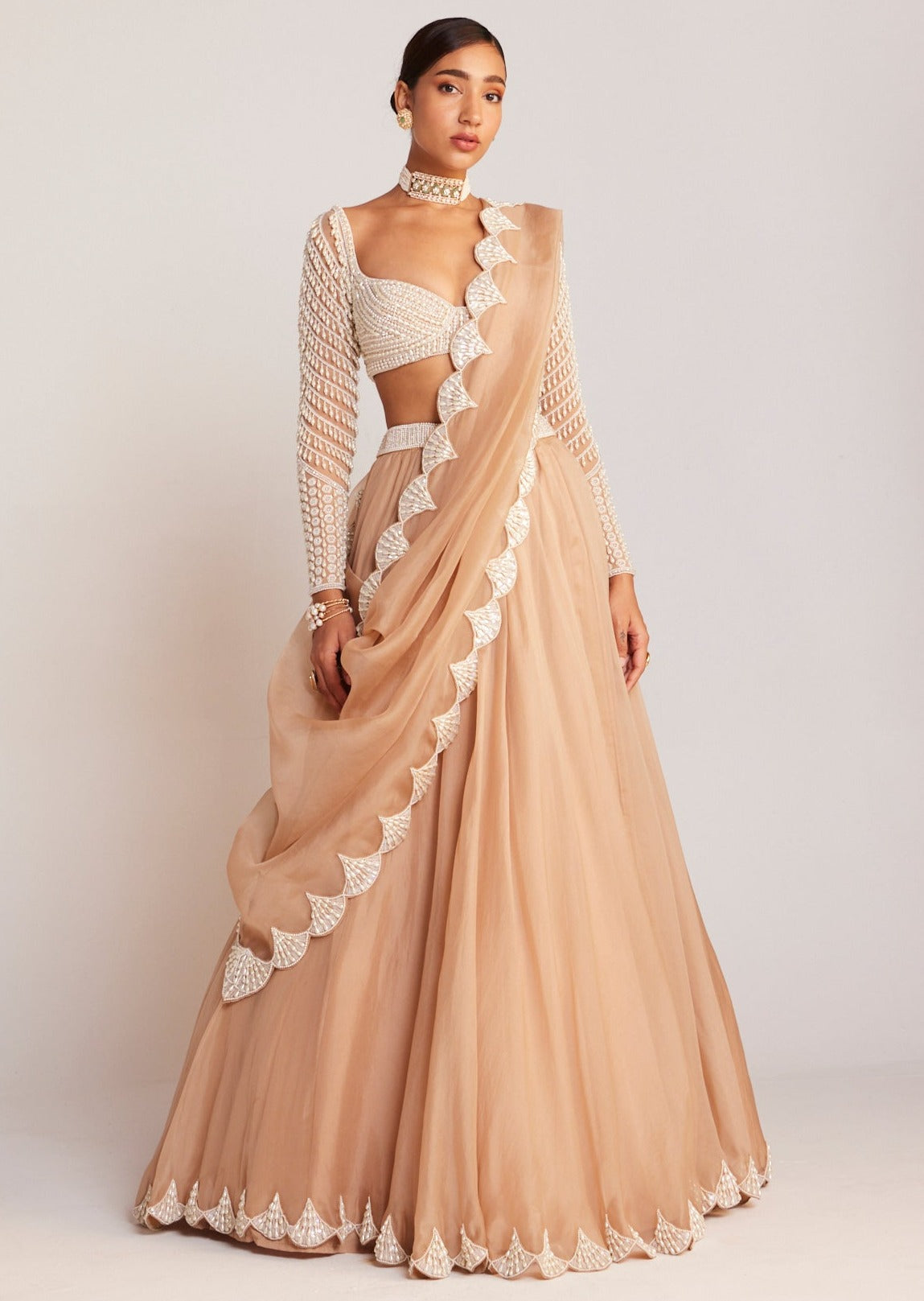 Beige Pearl Chandelier Drop Organza Lehenga Set