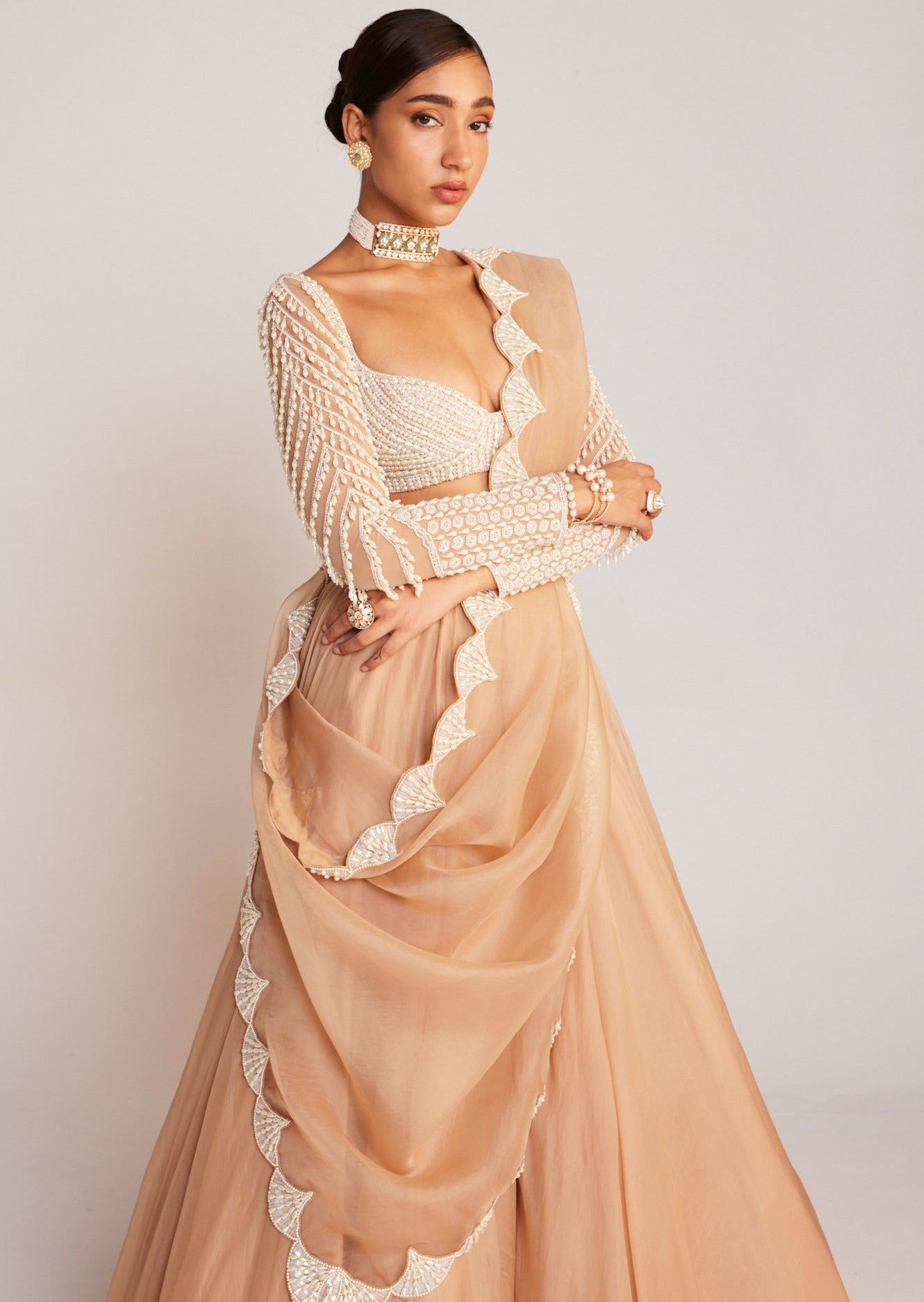 Beige Pearl Chandelier Drop Organza Lehenga Set