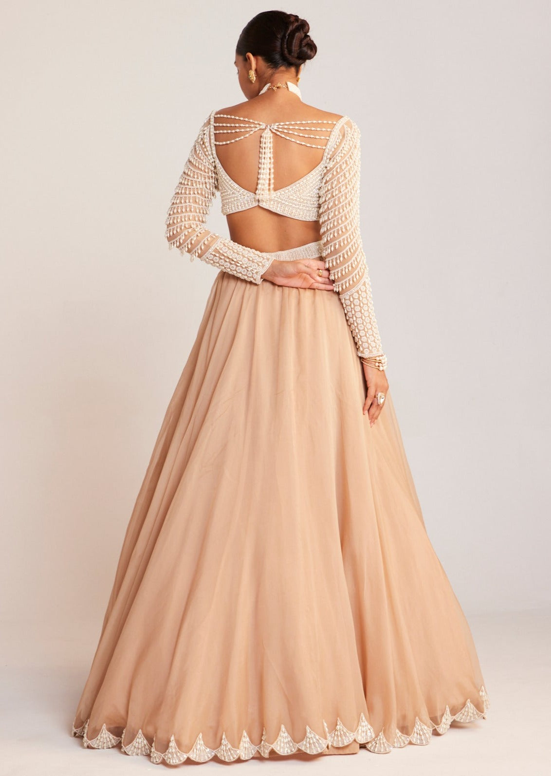 Beige Pearl Chandelier Drop Organza Lehenga Set