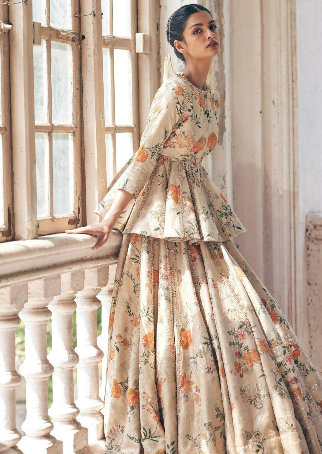 Beige Peplum Lehenga Set