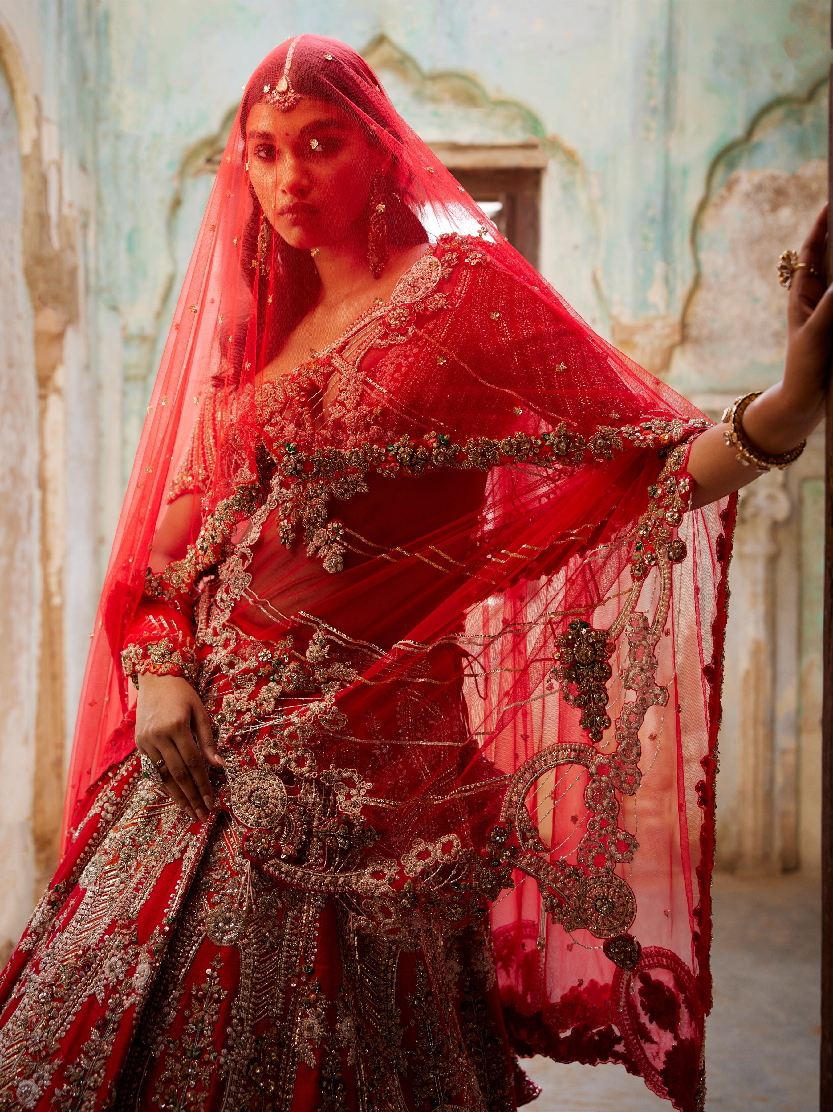 Persephone Red Raw Silk Bridal Lehenga