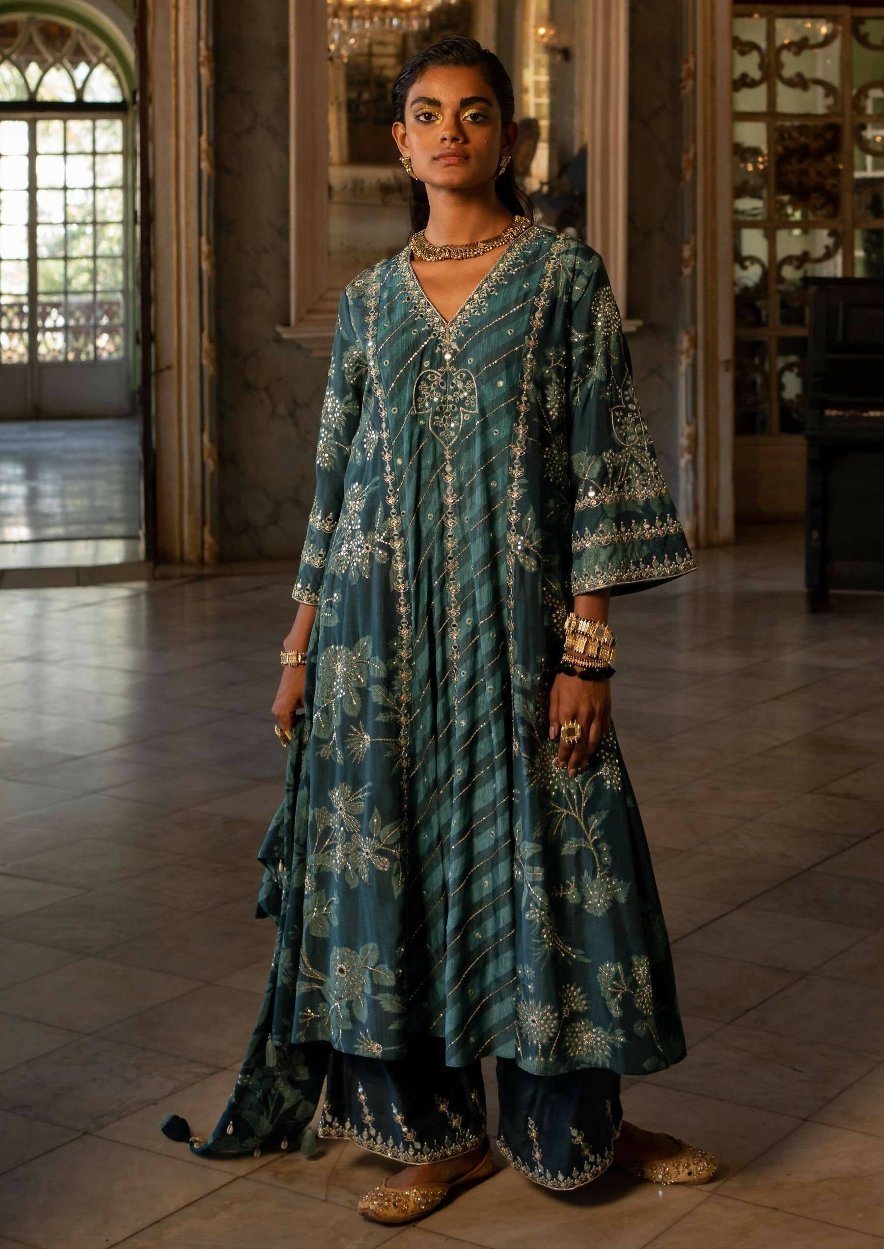 Teal Blue Floral and Stripe Kurta Set