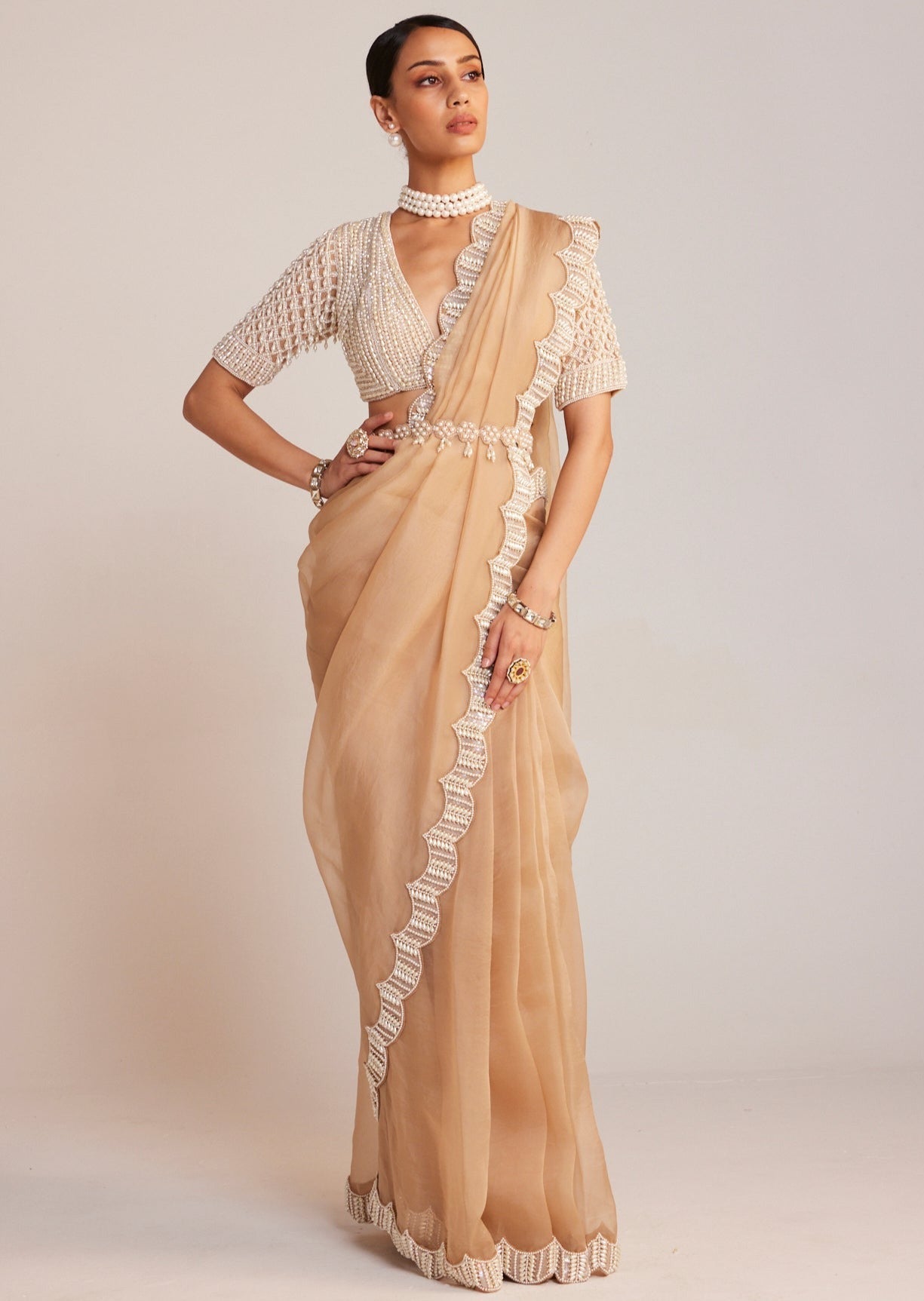 Beige V Neck Sari Set
