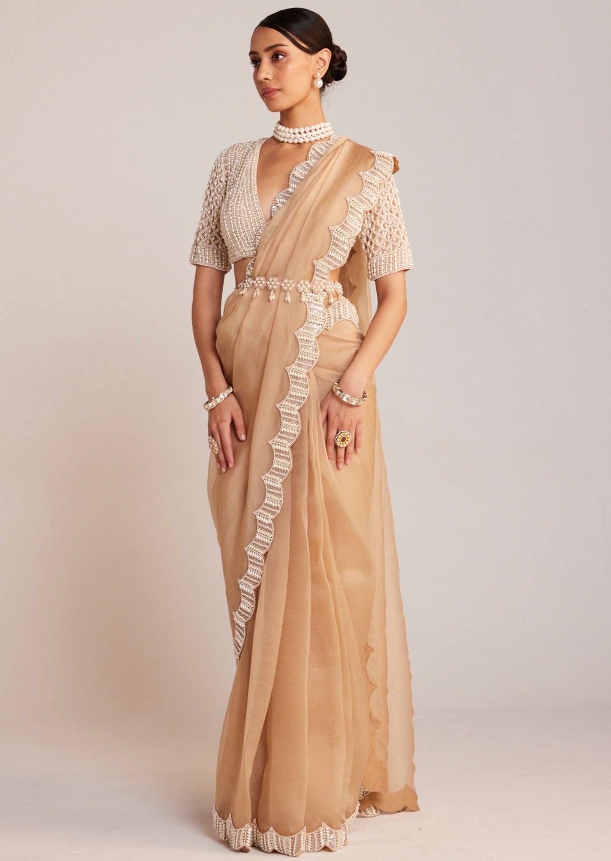 Beige V Neck Sari Set