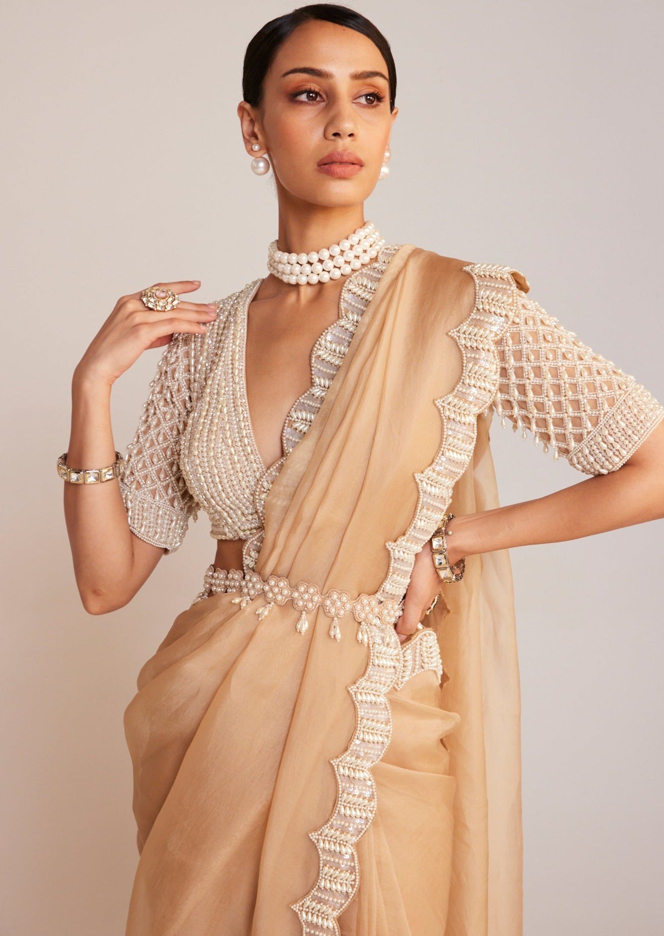 Beige V Neck Sari Set