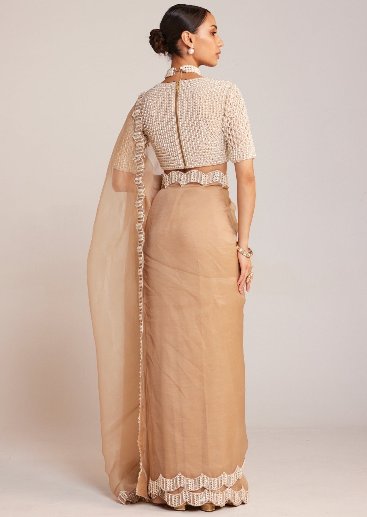 Beige V Neck Sari Set