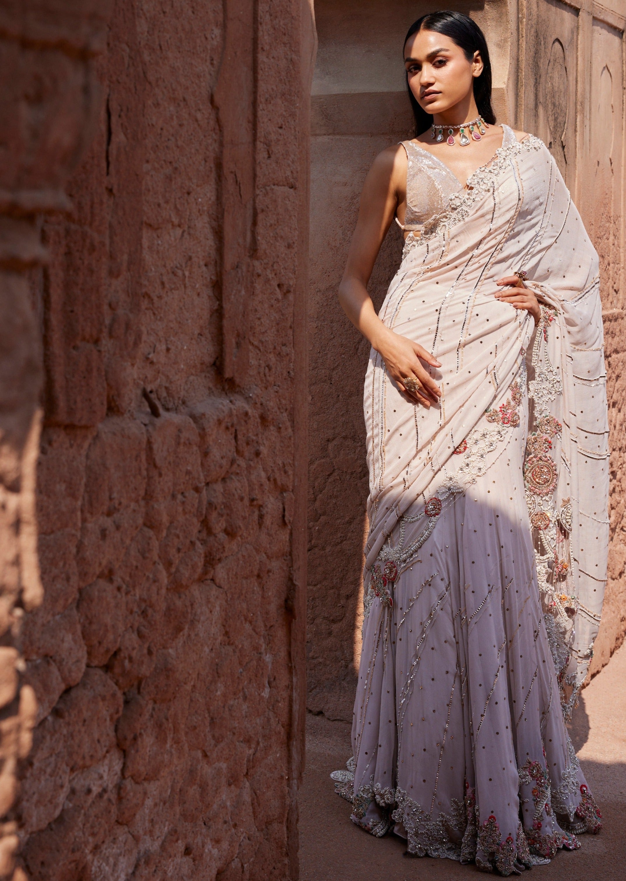 Zephyr Dusty Ivory Mukaish Kalidaar Sari