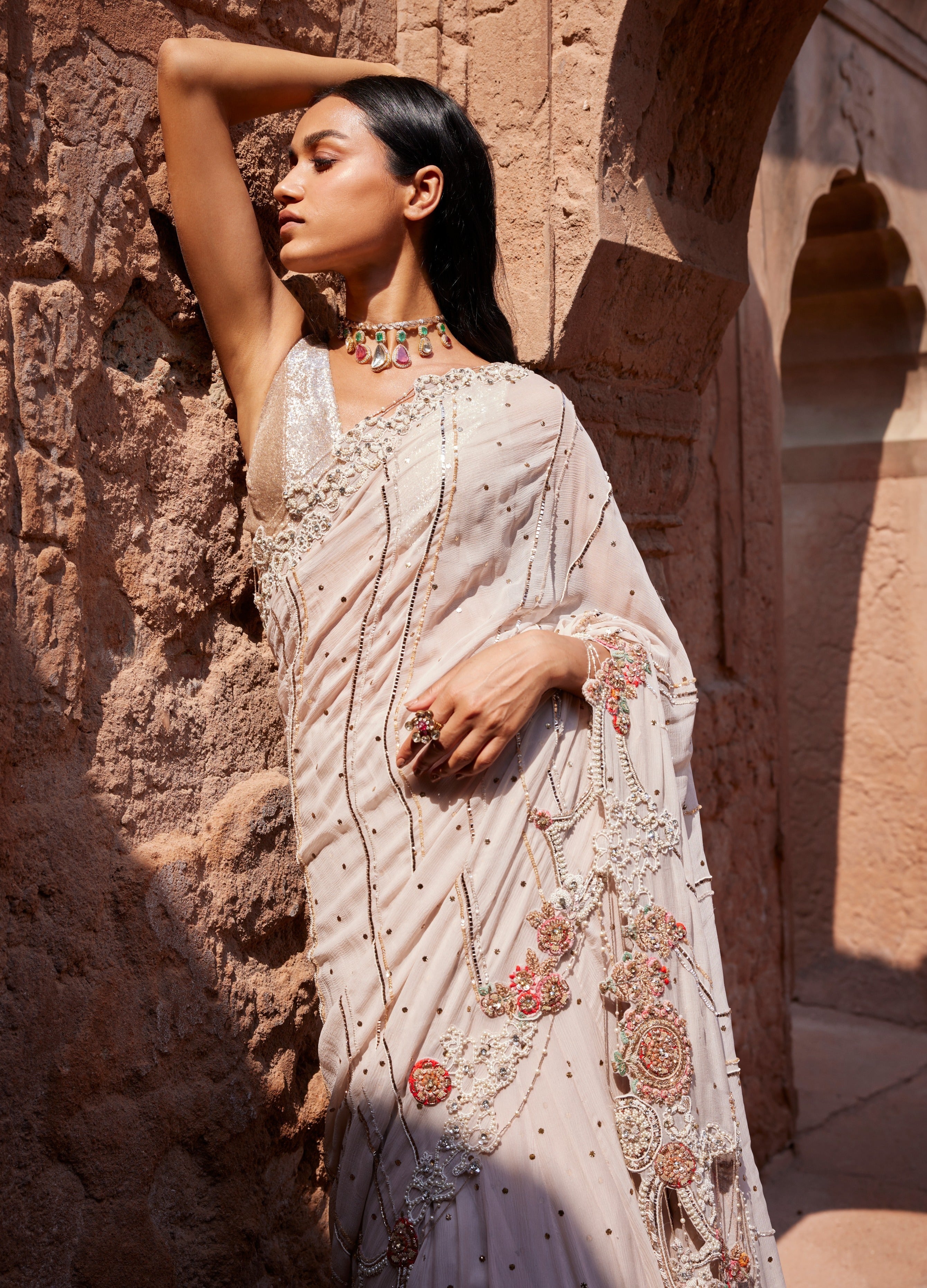 Zephyr Dusty Ivory Mukaish Kalidaar Sari