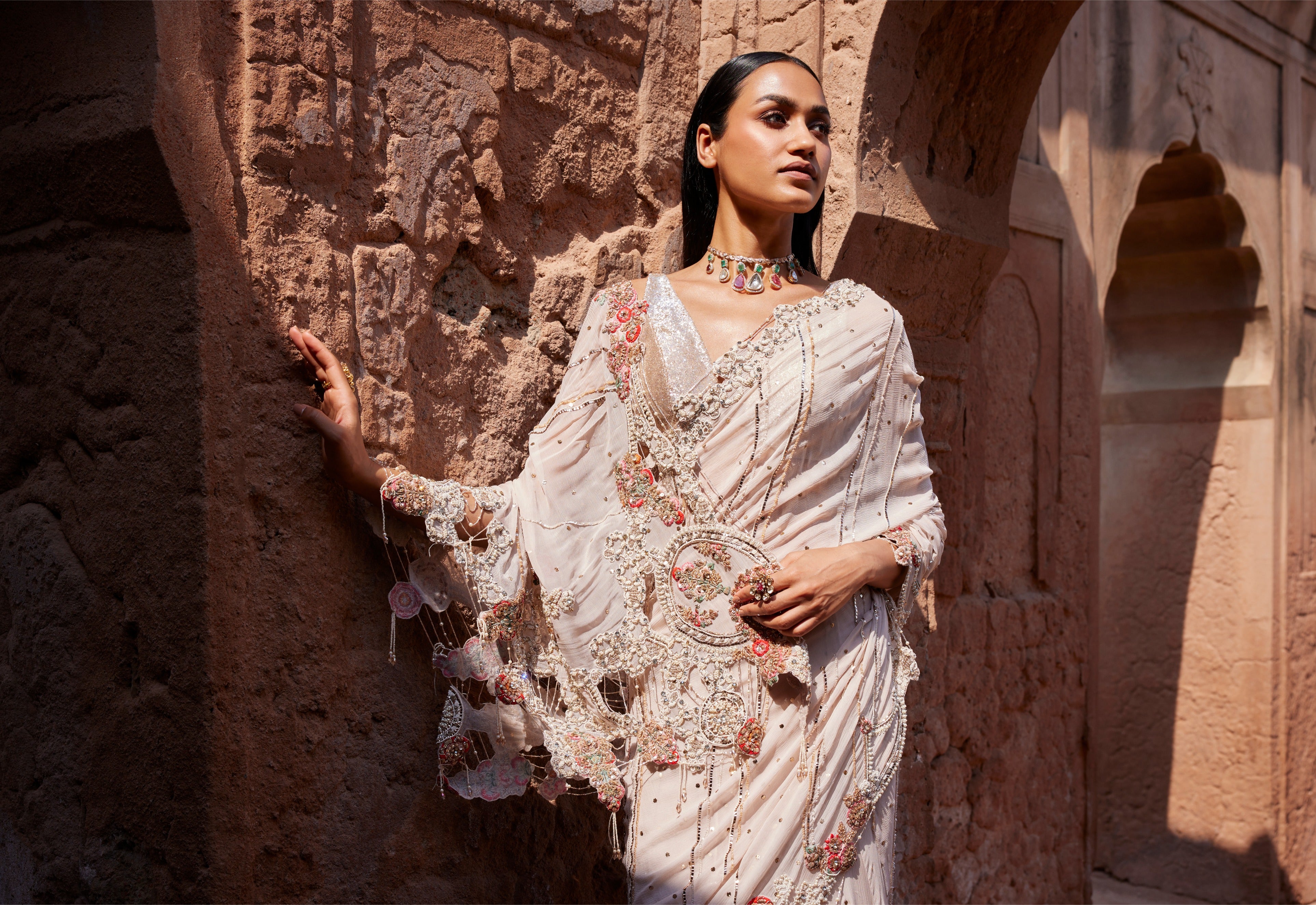 Zephyr Dusty Ivory Mukaish Kalidaar Sari