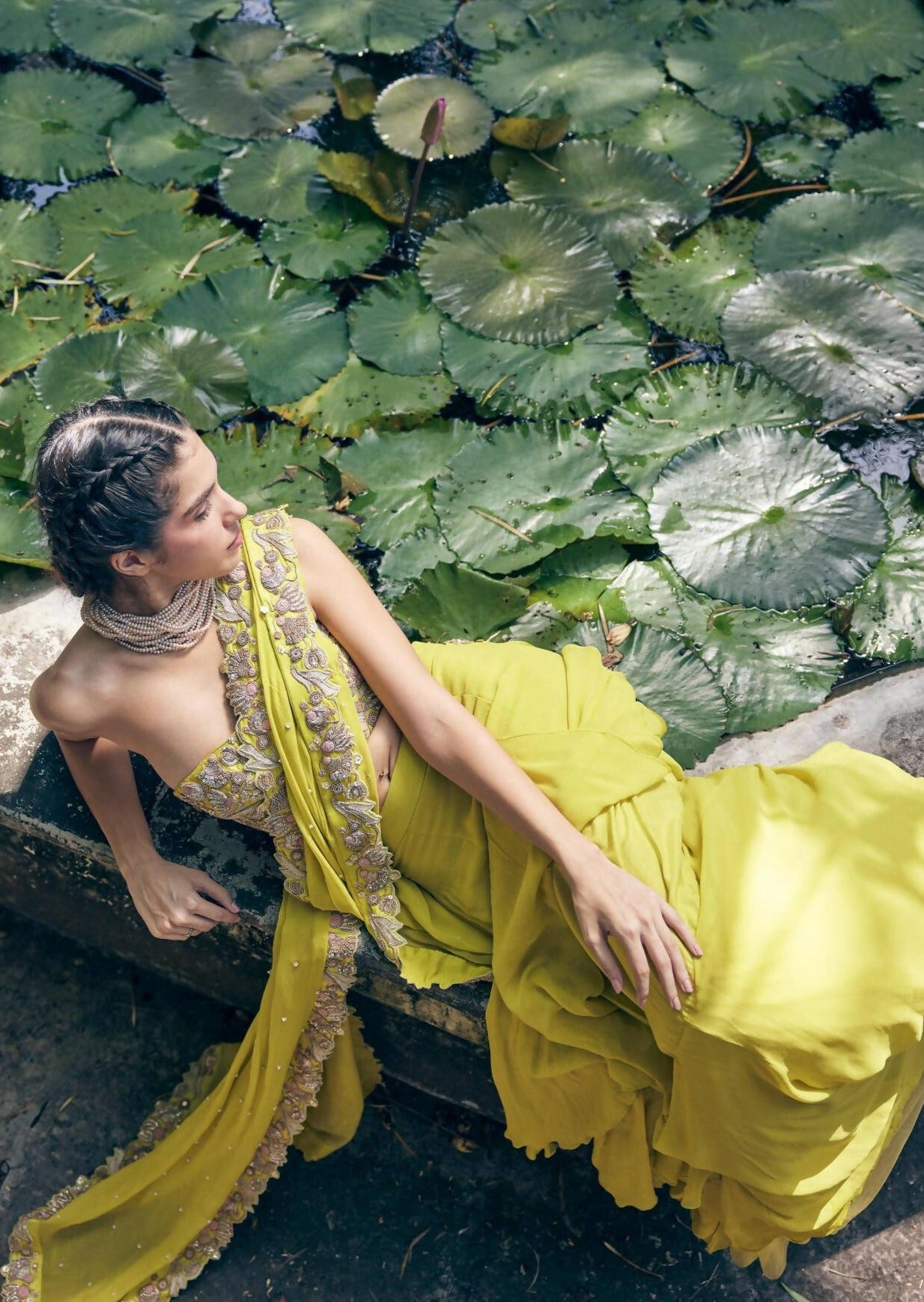 Lime Yellow Pre-Stitched Sari Set