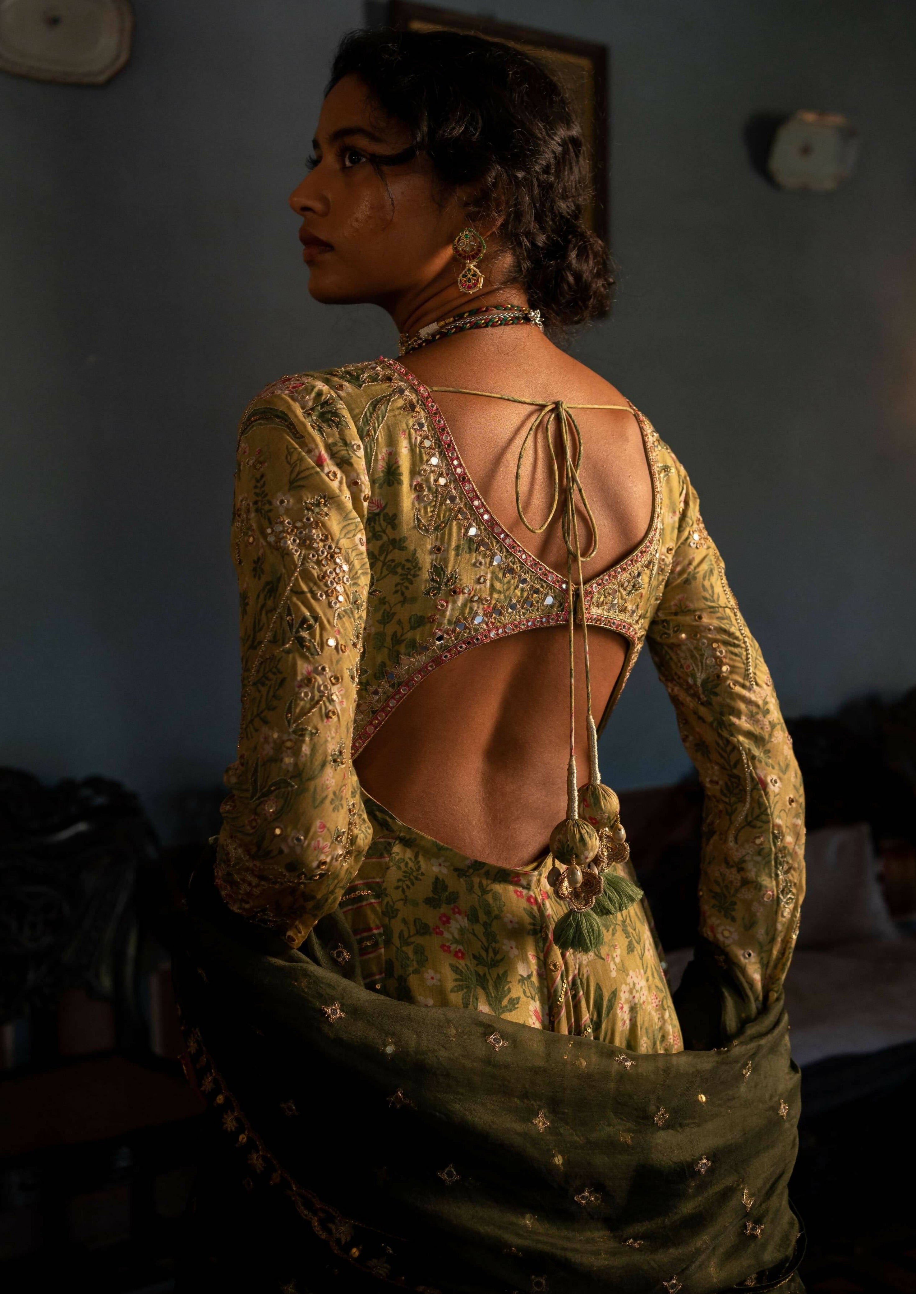 Sage Green Tropical Backless Anarkali Set