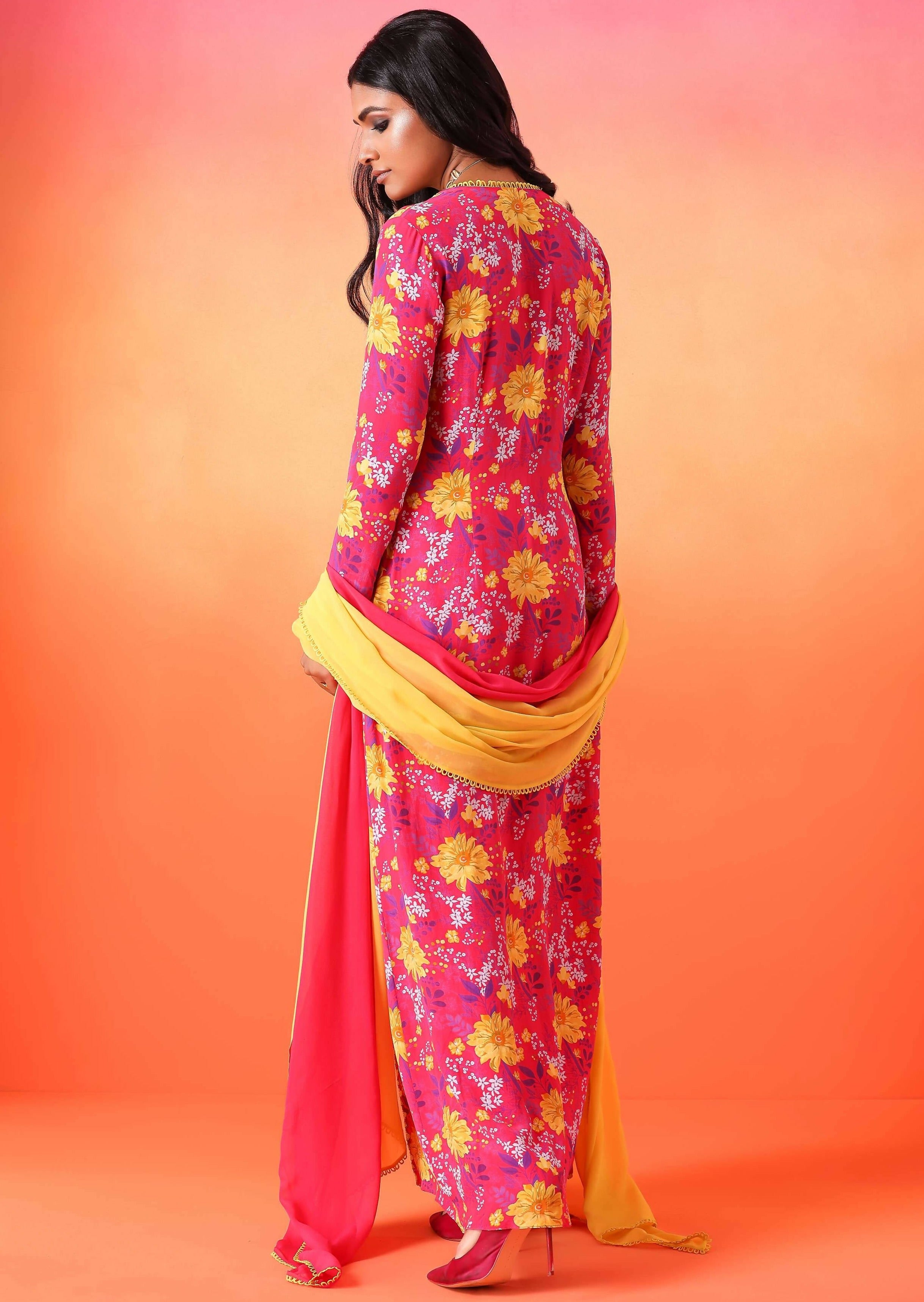 Fuschia Pink Floral Printed Kurta Set