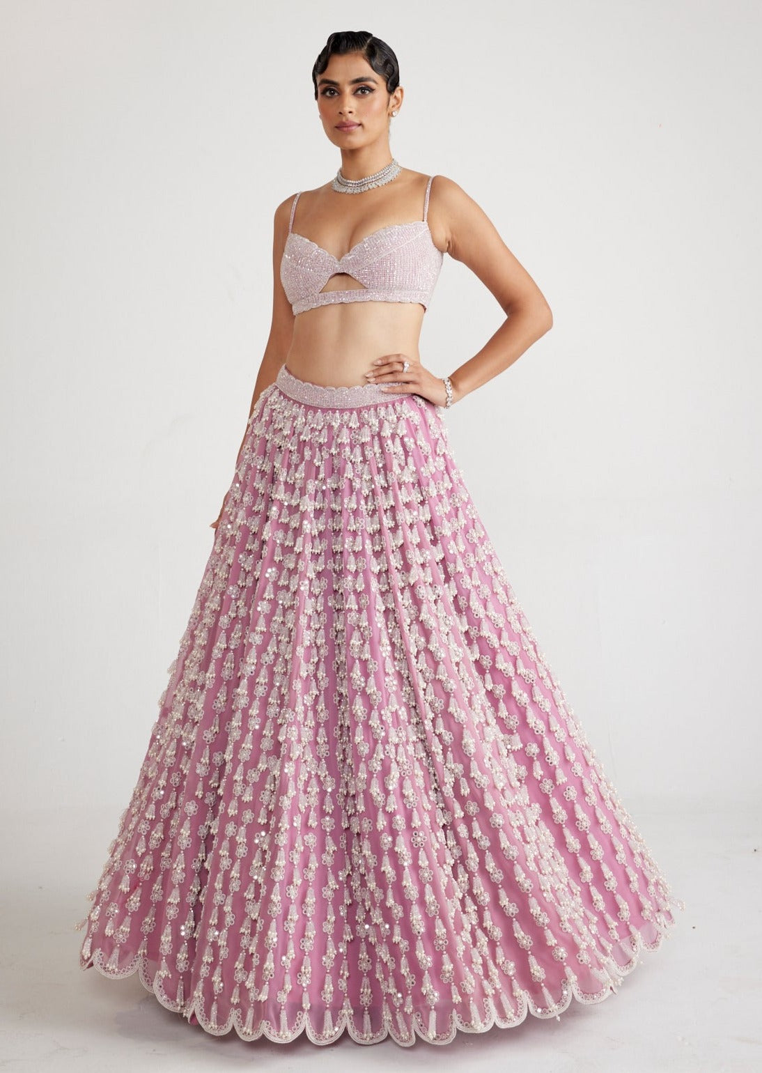 Onion Pink Chandelier Pearl Drop Lehenga Set