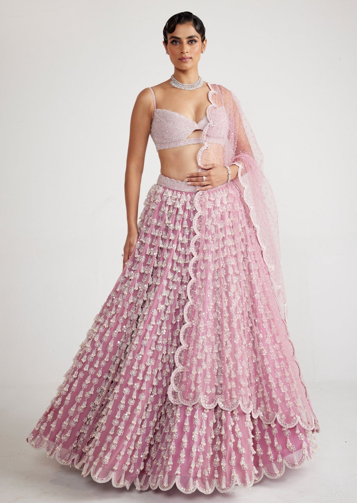 Onion Pink Chandelier Pearl Drop Lehenga Set