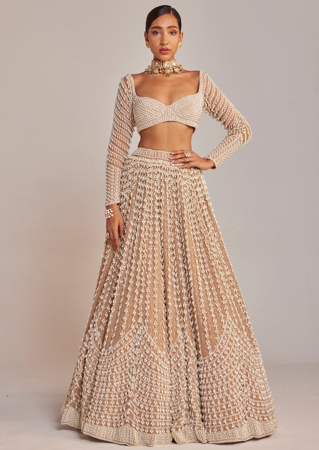 Beige Chandelier Pearl Lehenga Set