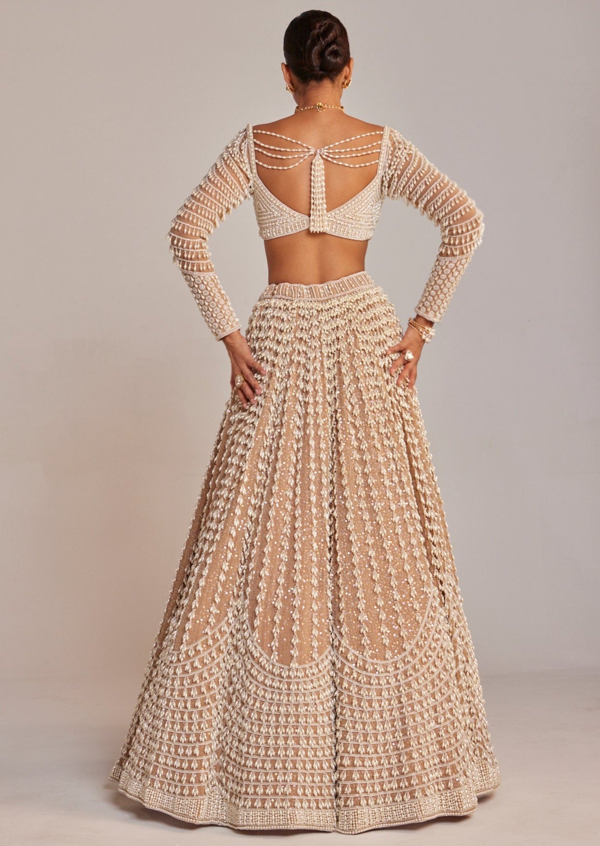 Beige Chandelier Pearl Lehenga Set