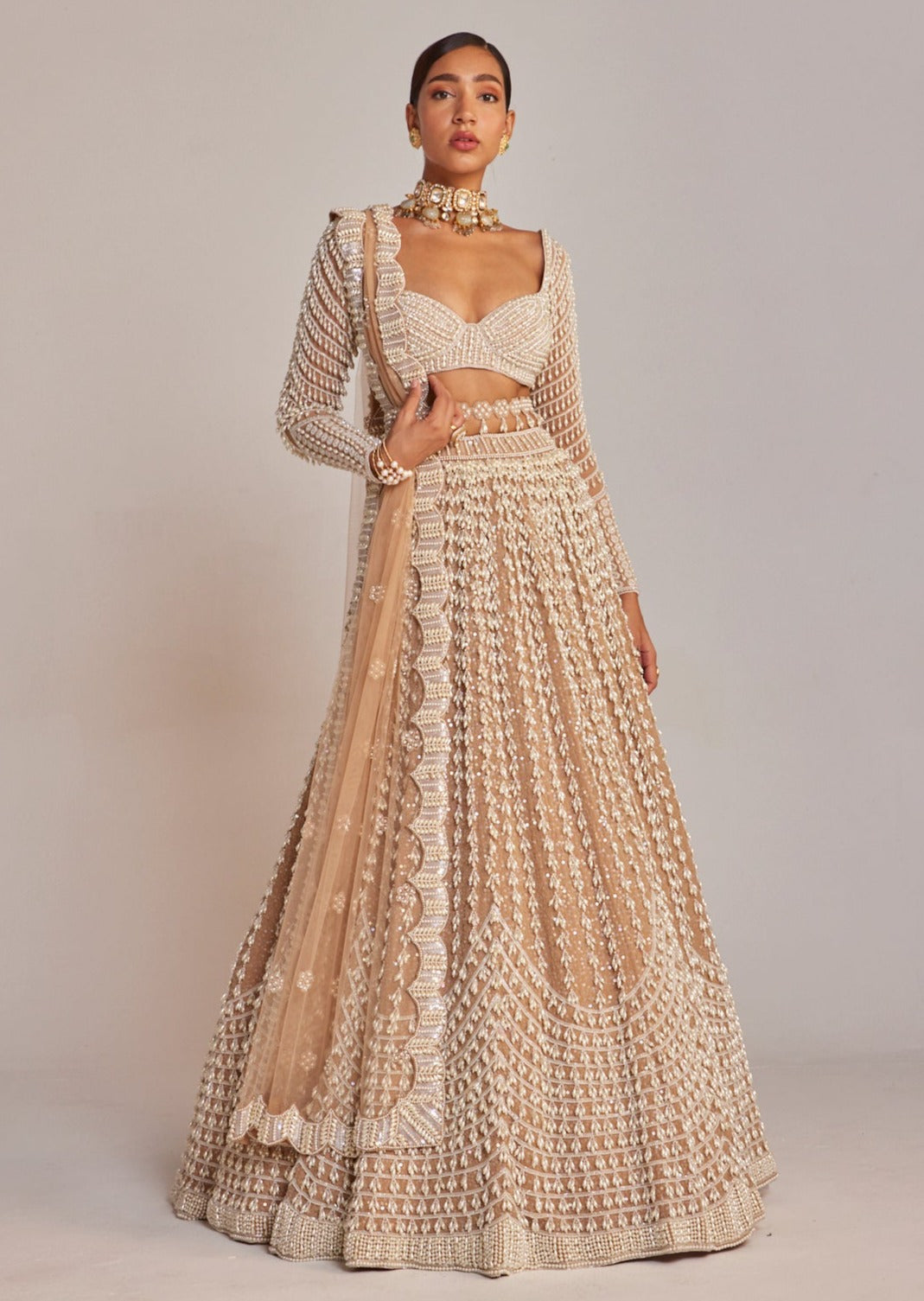 Beige Chandelier Pearl Lehenga Set
