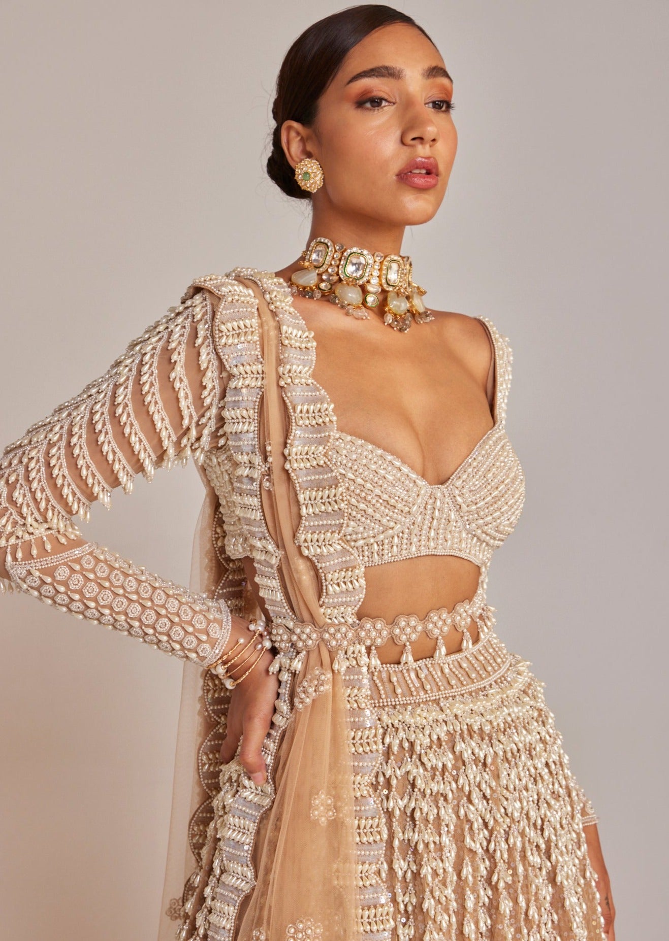 Beige Chandelier Pearl Lehenga Set