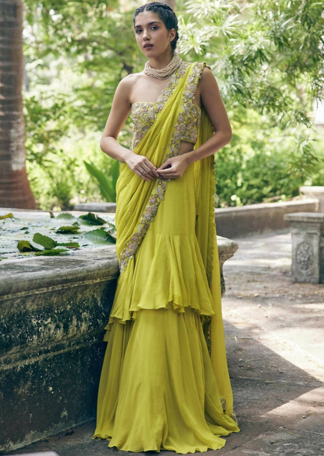 Lime Yellow Pre-Stitched Sari Set