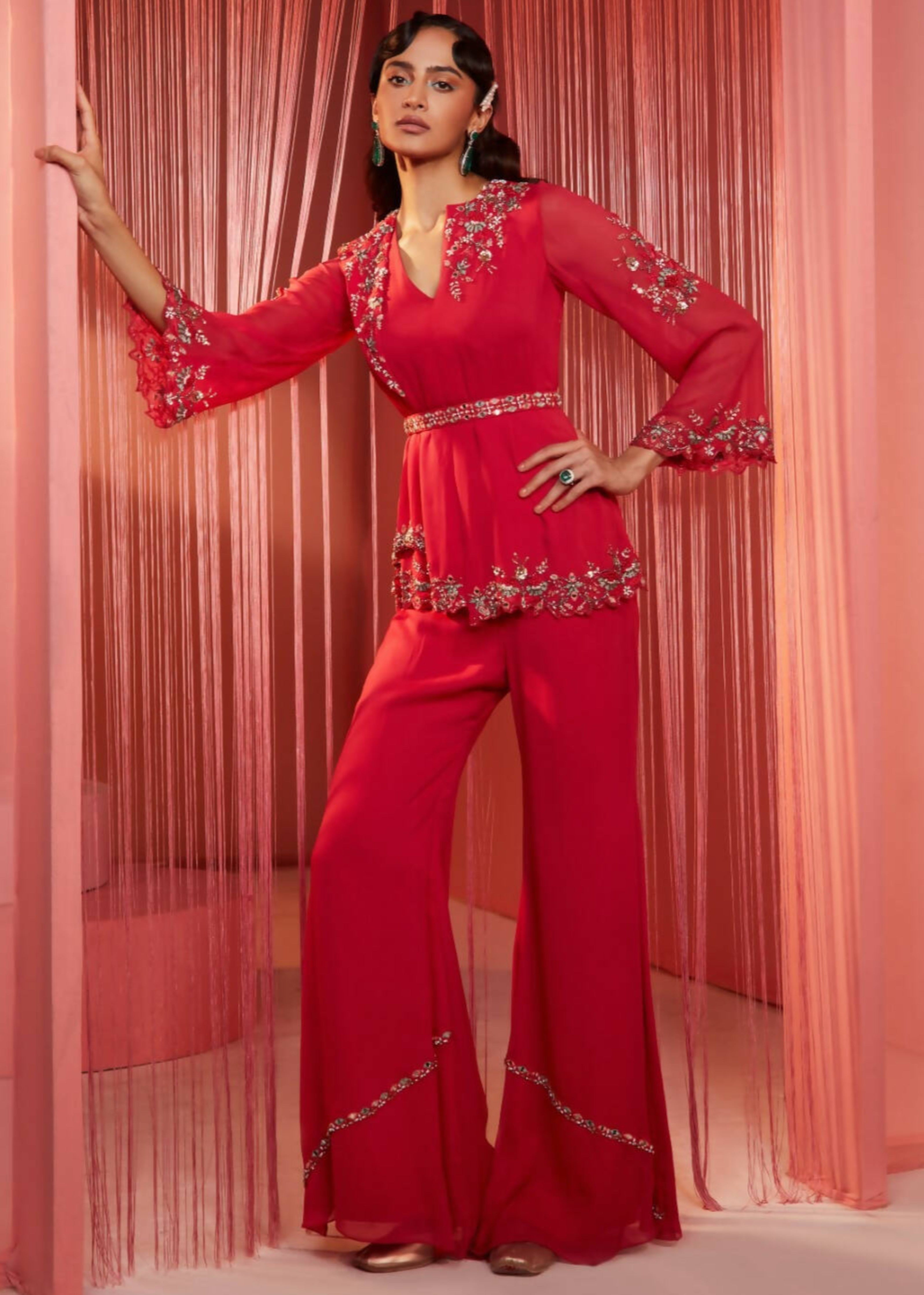 Coral Red Double Flap Kurta and Pants
