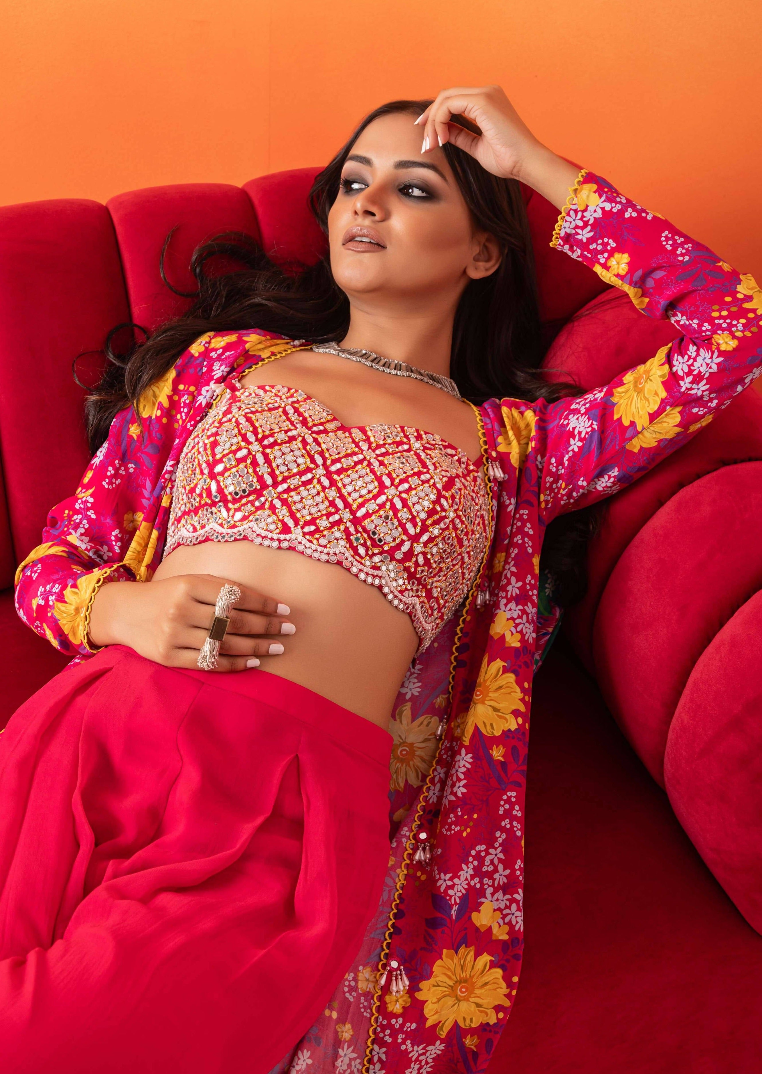 Fuschia Pink Floral Print Pant Set