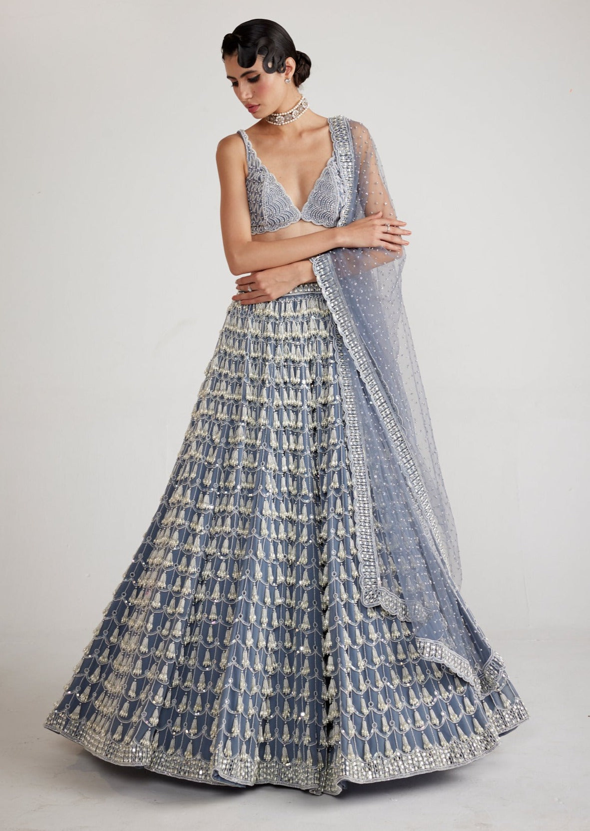 Dark Grey Chandelier Pearl Drop Lehenga Set