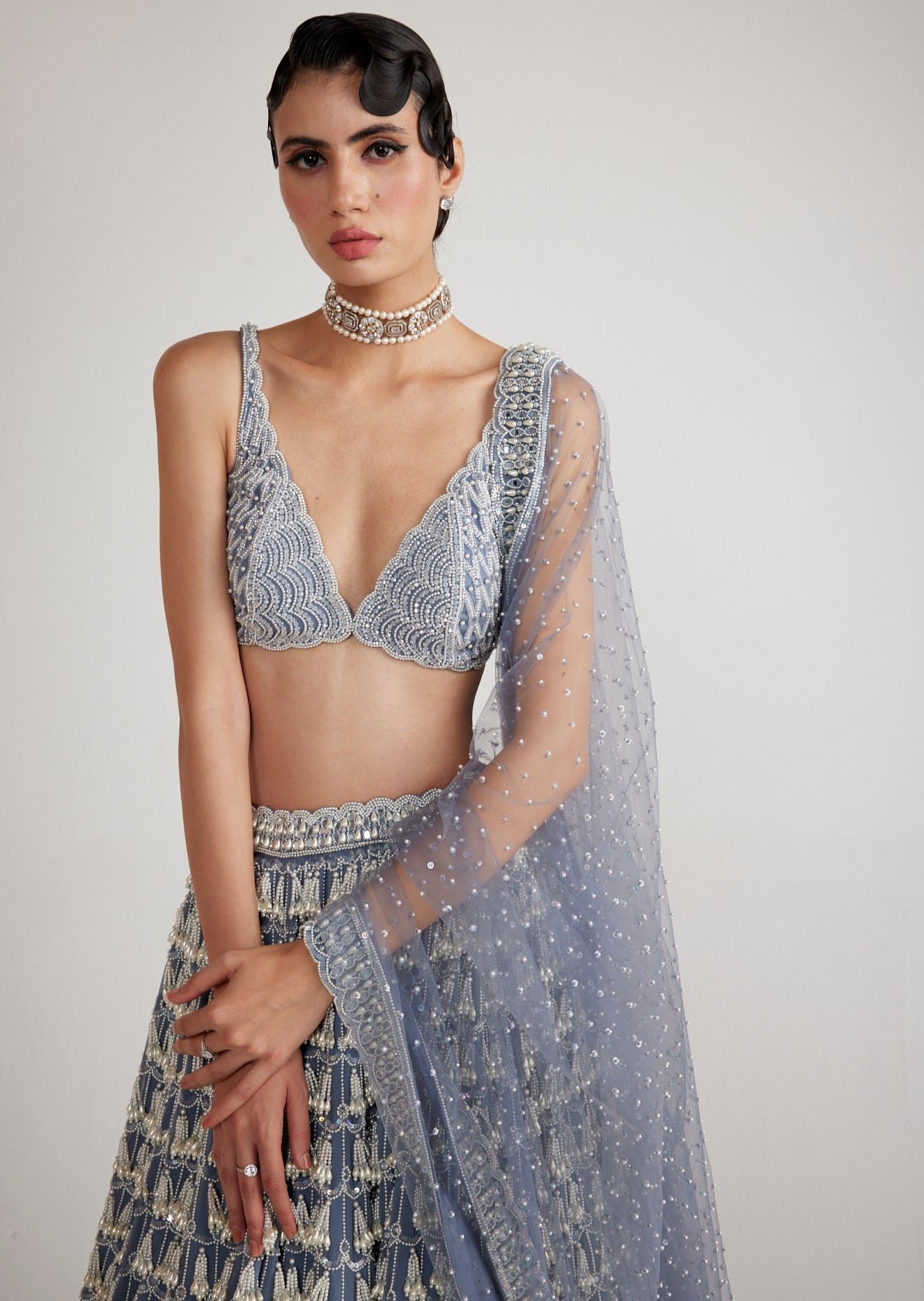 Dark Grey Chandelier Pearl Drop Lehenga Set