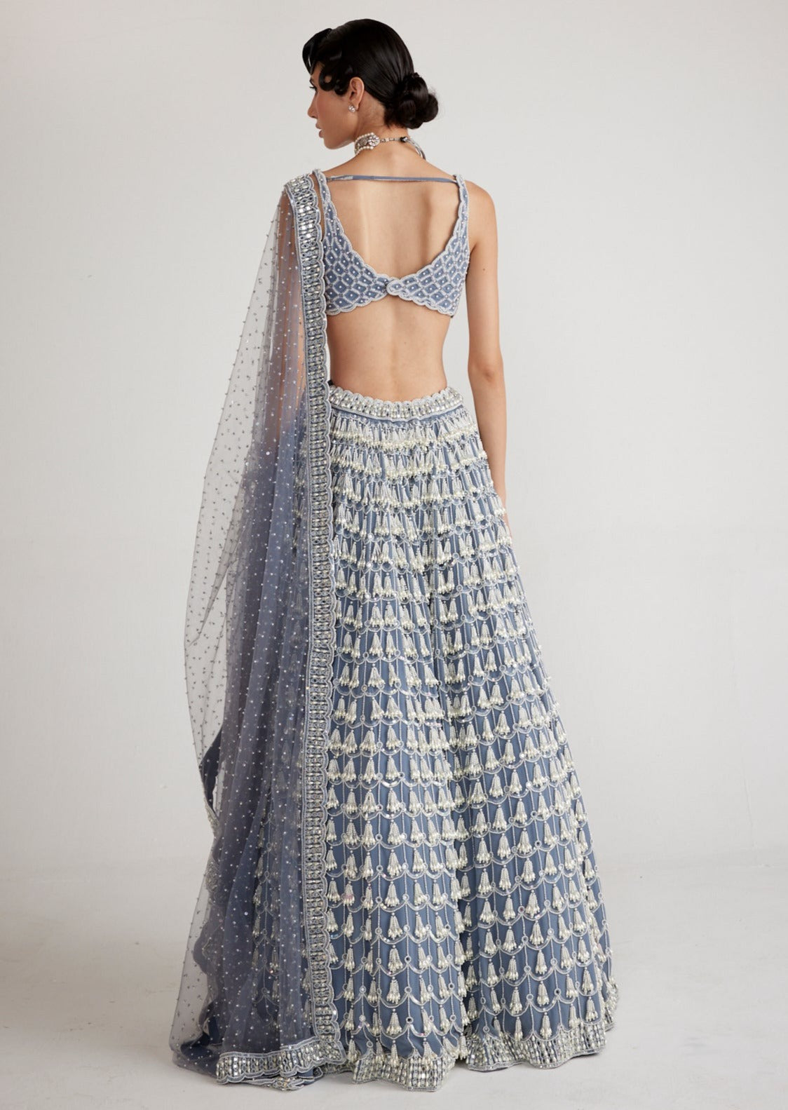 Dark Grey Chandelier Pearl Drop Lehenga Set