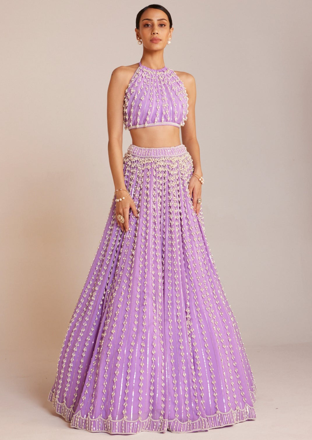 Lilac Chandelier Pearl Halter Neck Crop Top Skirt Set