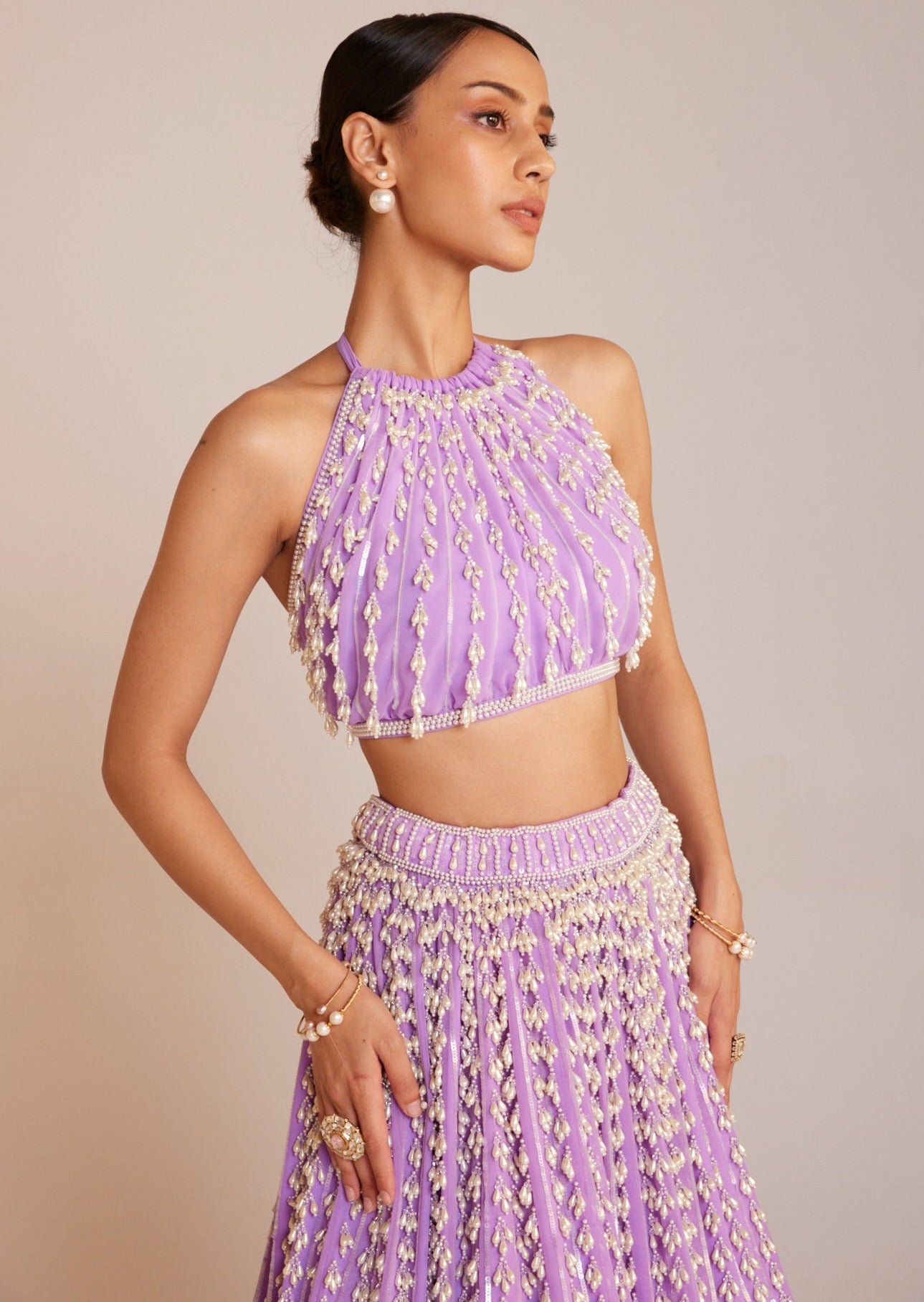 Lilac Chandelier Pearl Halter Neck Crop Top Skirt Set