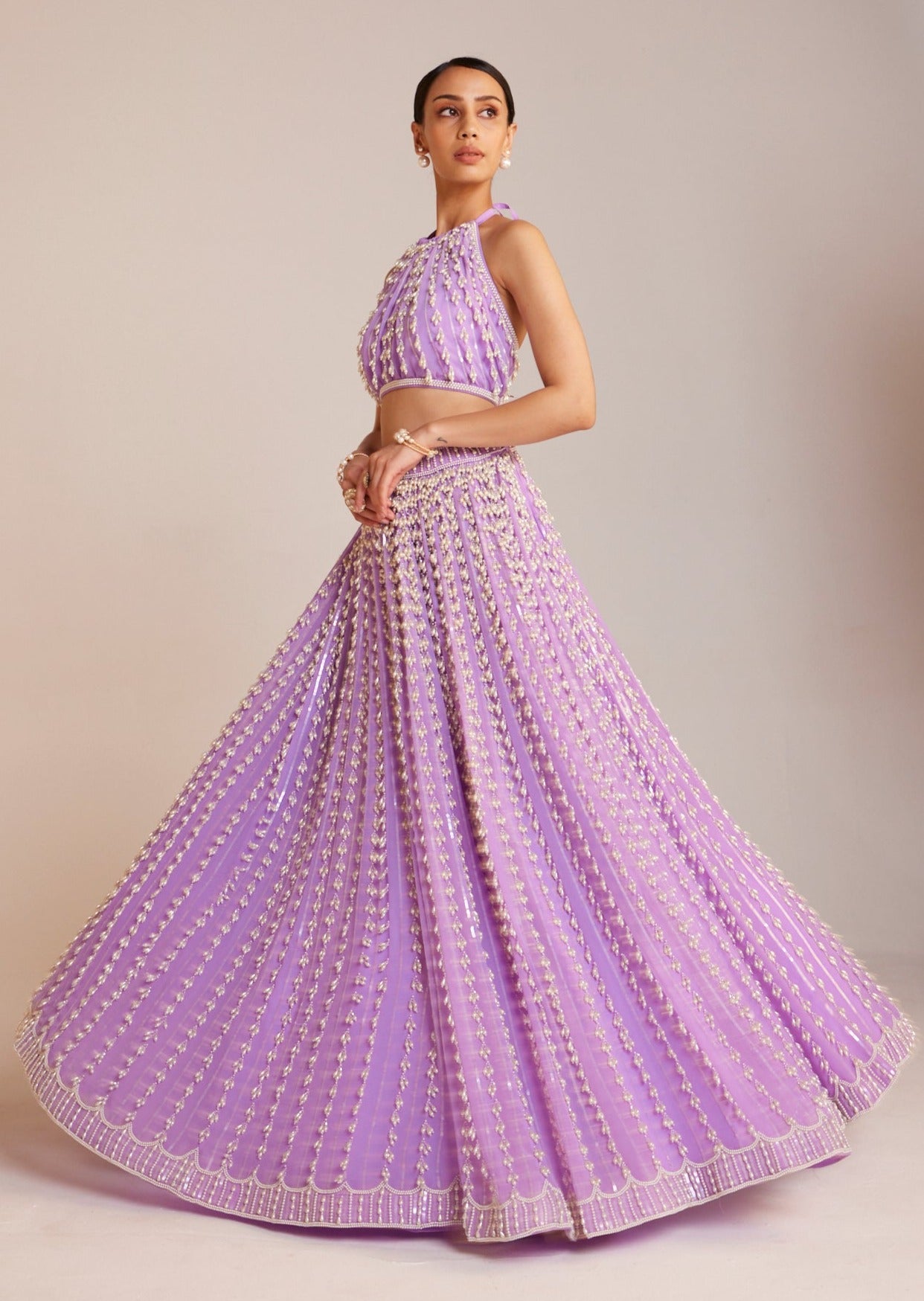 Lilac Chandelier Pearl Halter Neck Crop Top Skirt Set