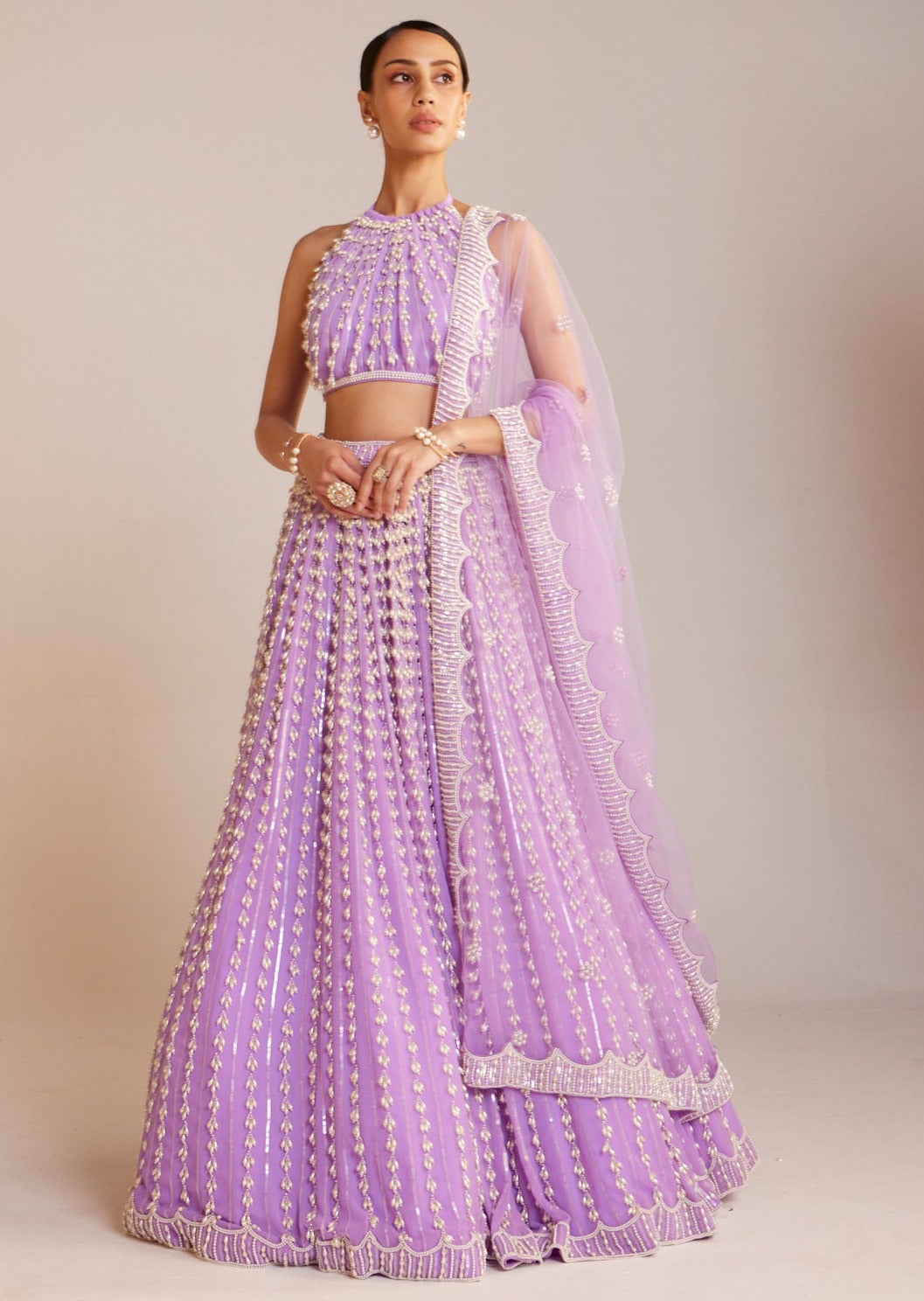 Lilac Chandelier Pearl Halter Neck Lehenga Set