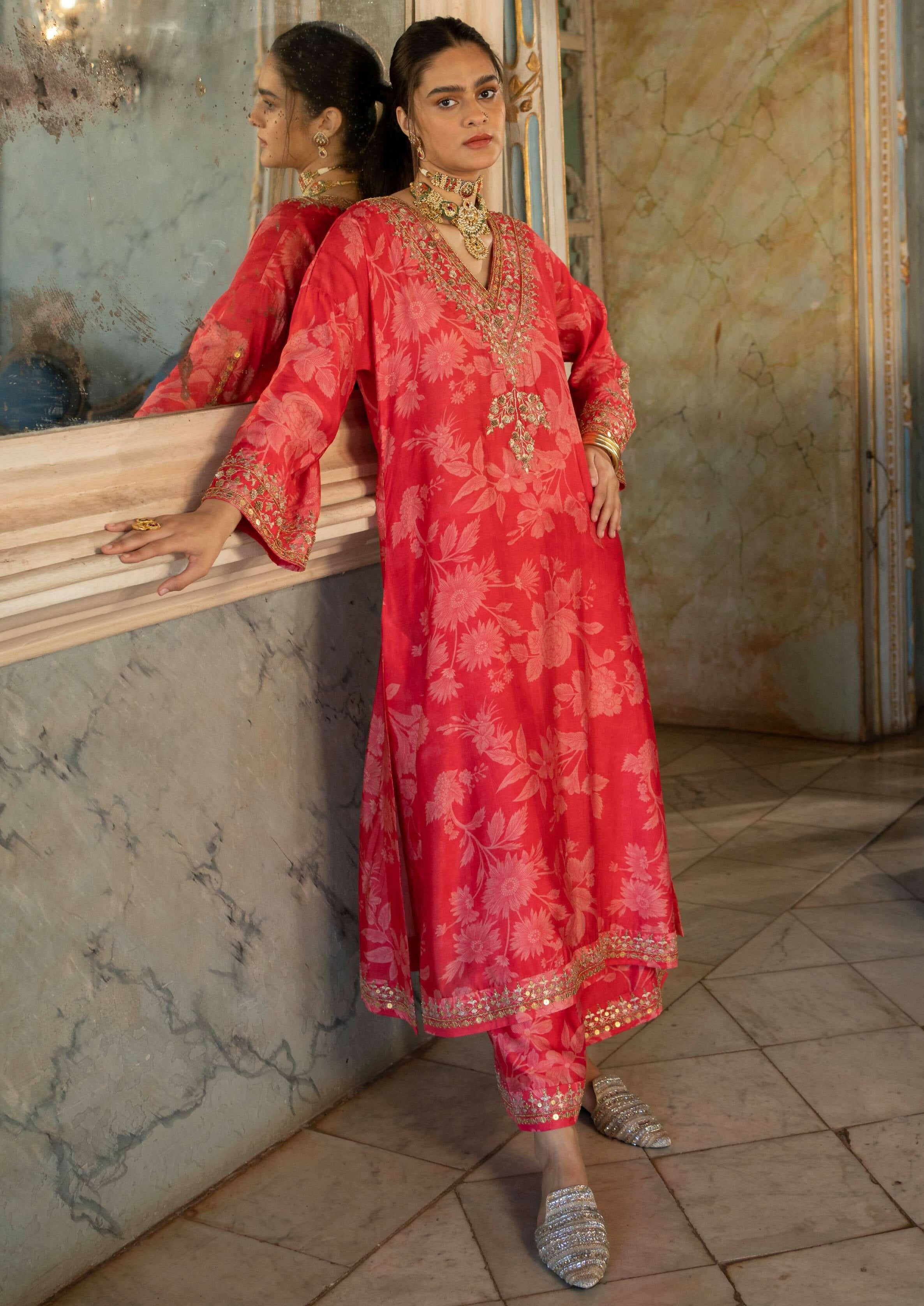 Red Mono Floral Kurta Set