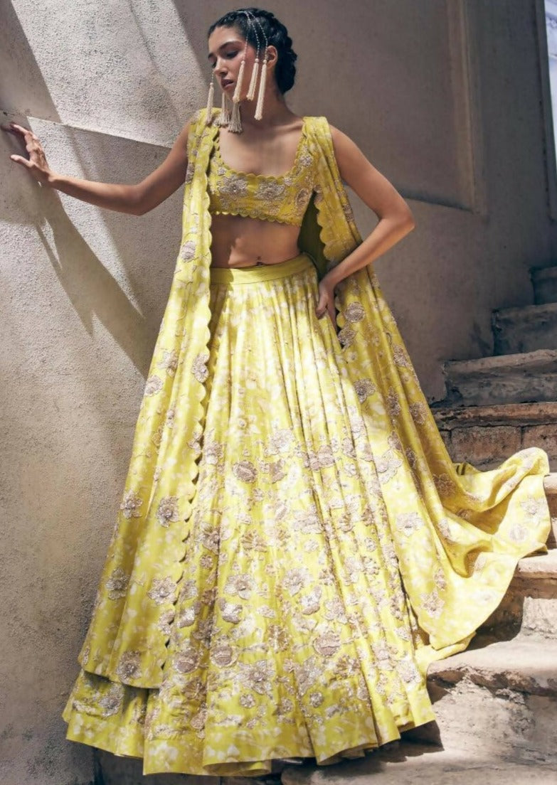 Lime Yellow Vintage Floral Lehenga Jacket Set
