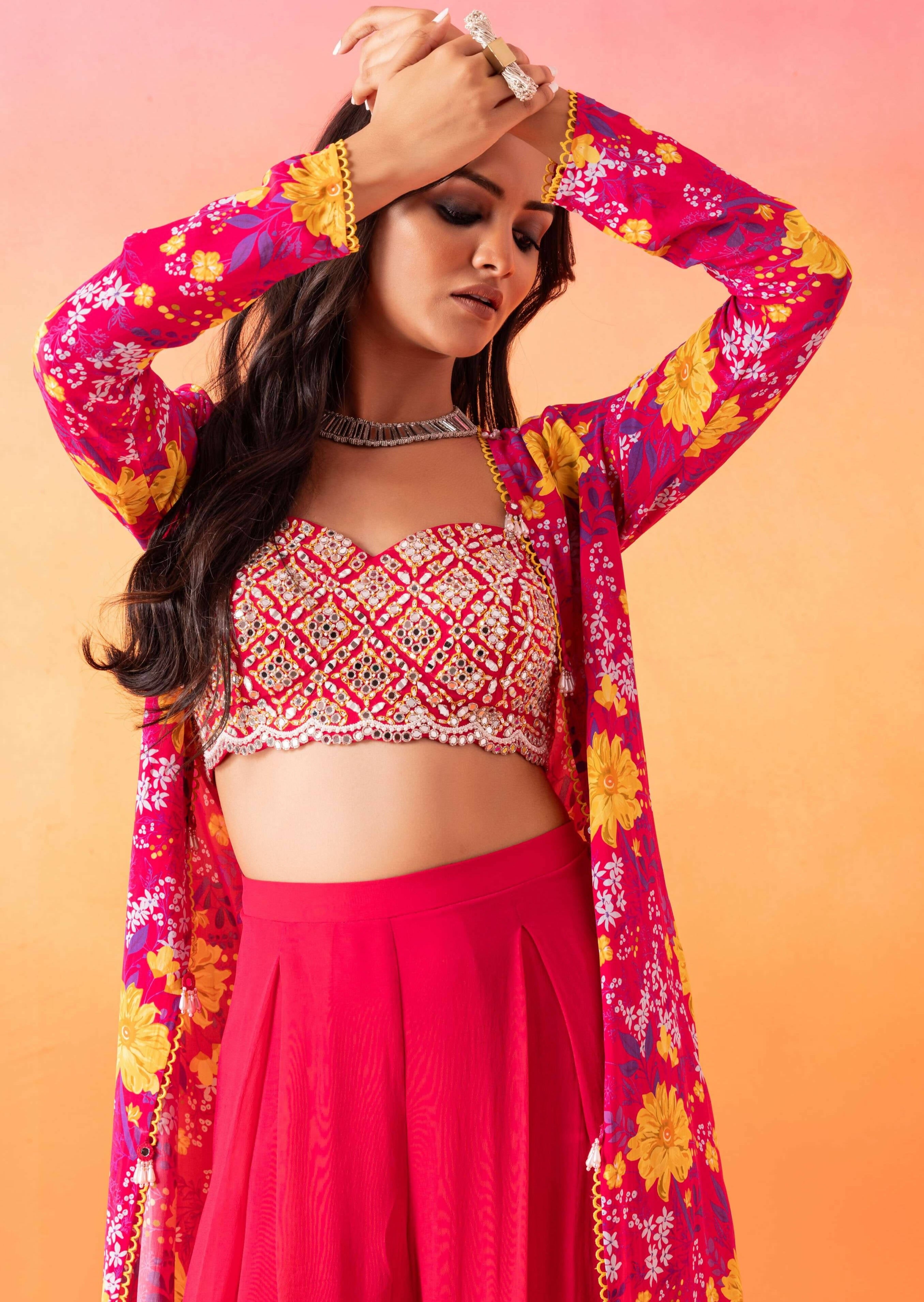 Fuschia Pink Floral Print Pant Set