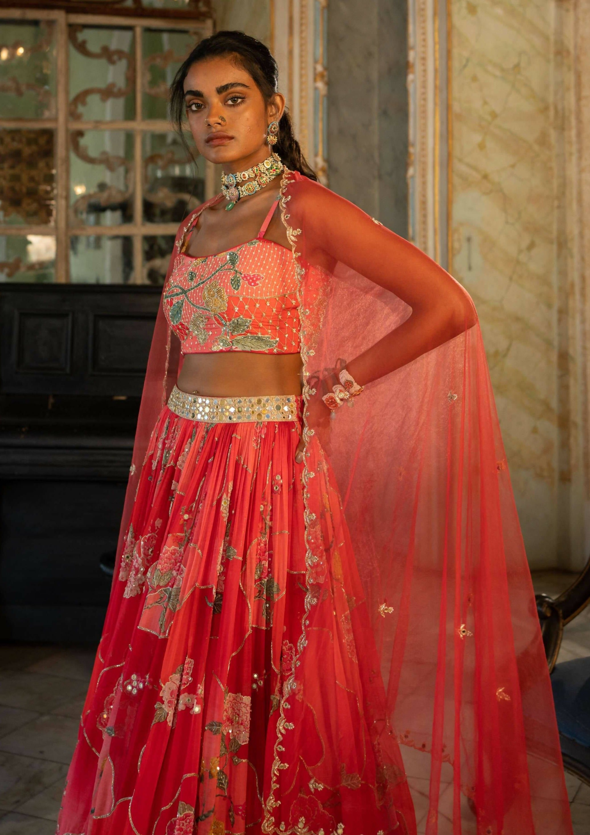 Red Nakhsa Printed Lehenga Set