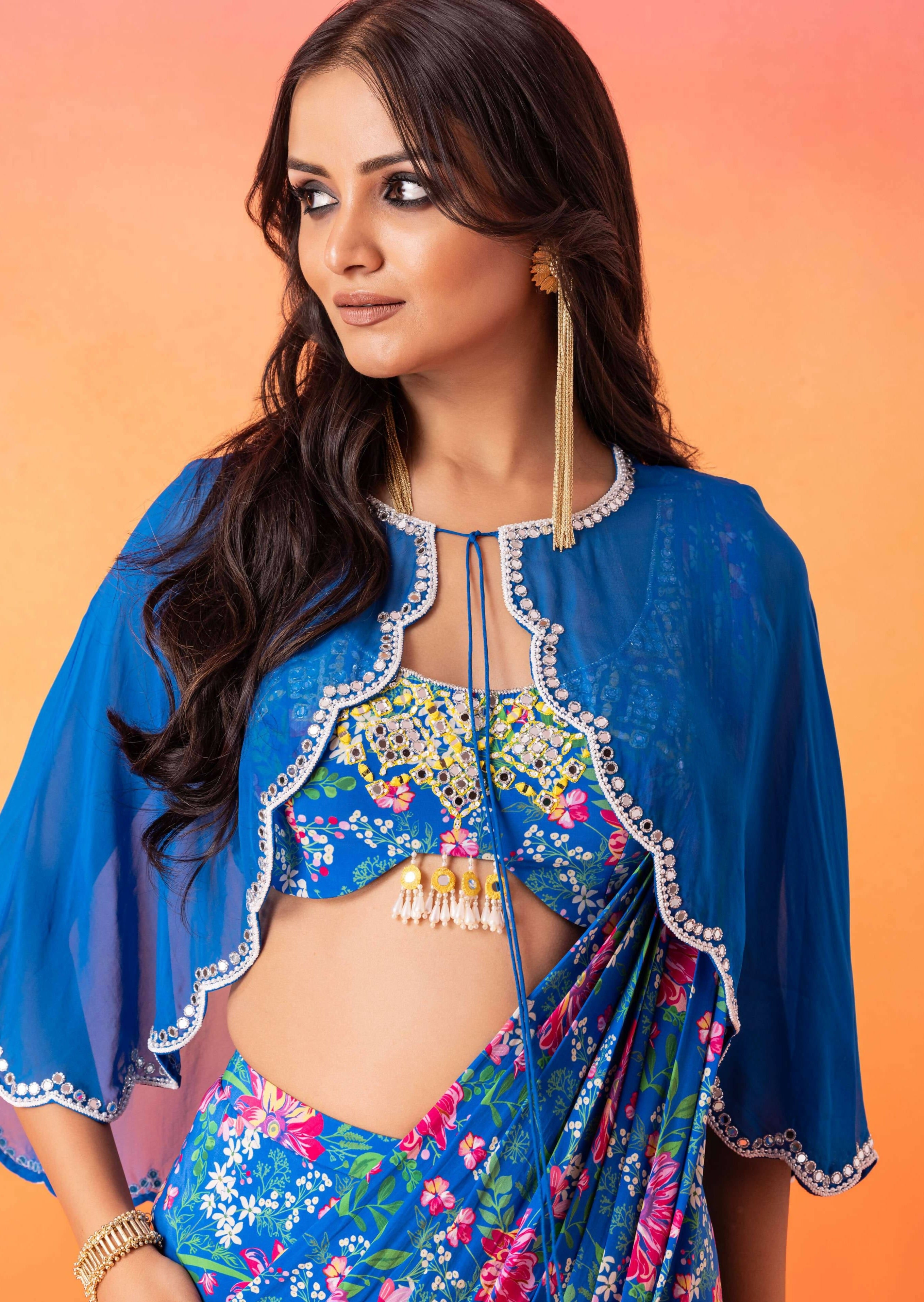 Electric Blue Floral Printed Sari Set