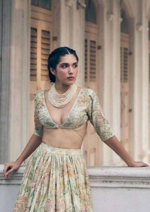 Ivory Orange Floral Lehenga Set