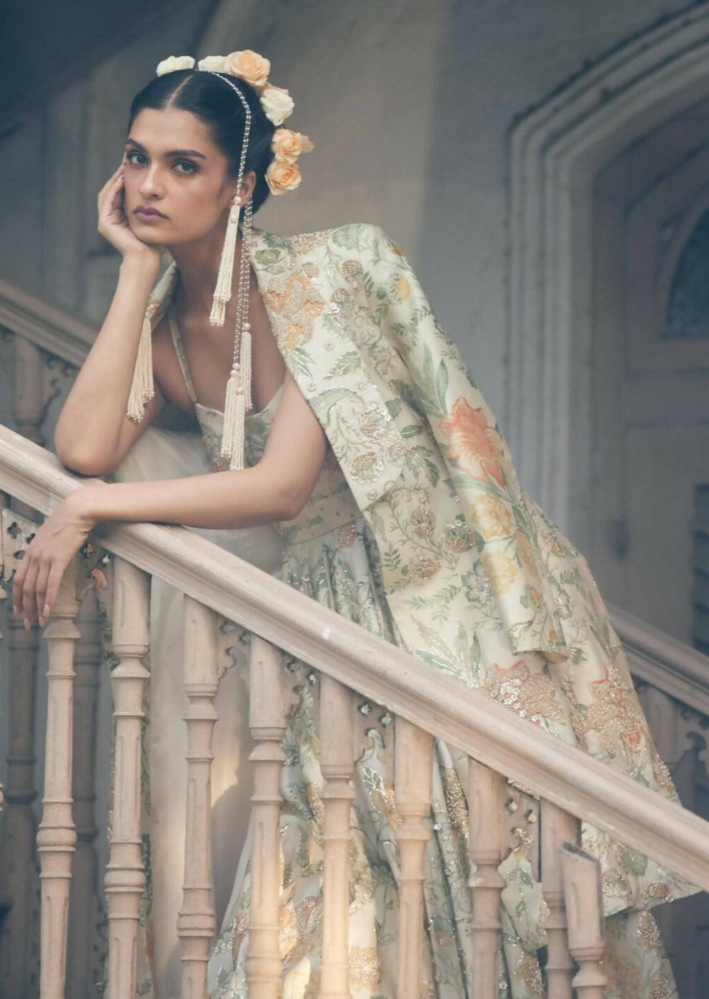 Ivory Orange Floral Anarkali with Long Jacket