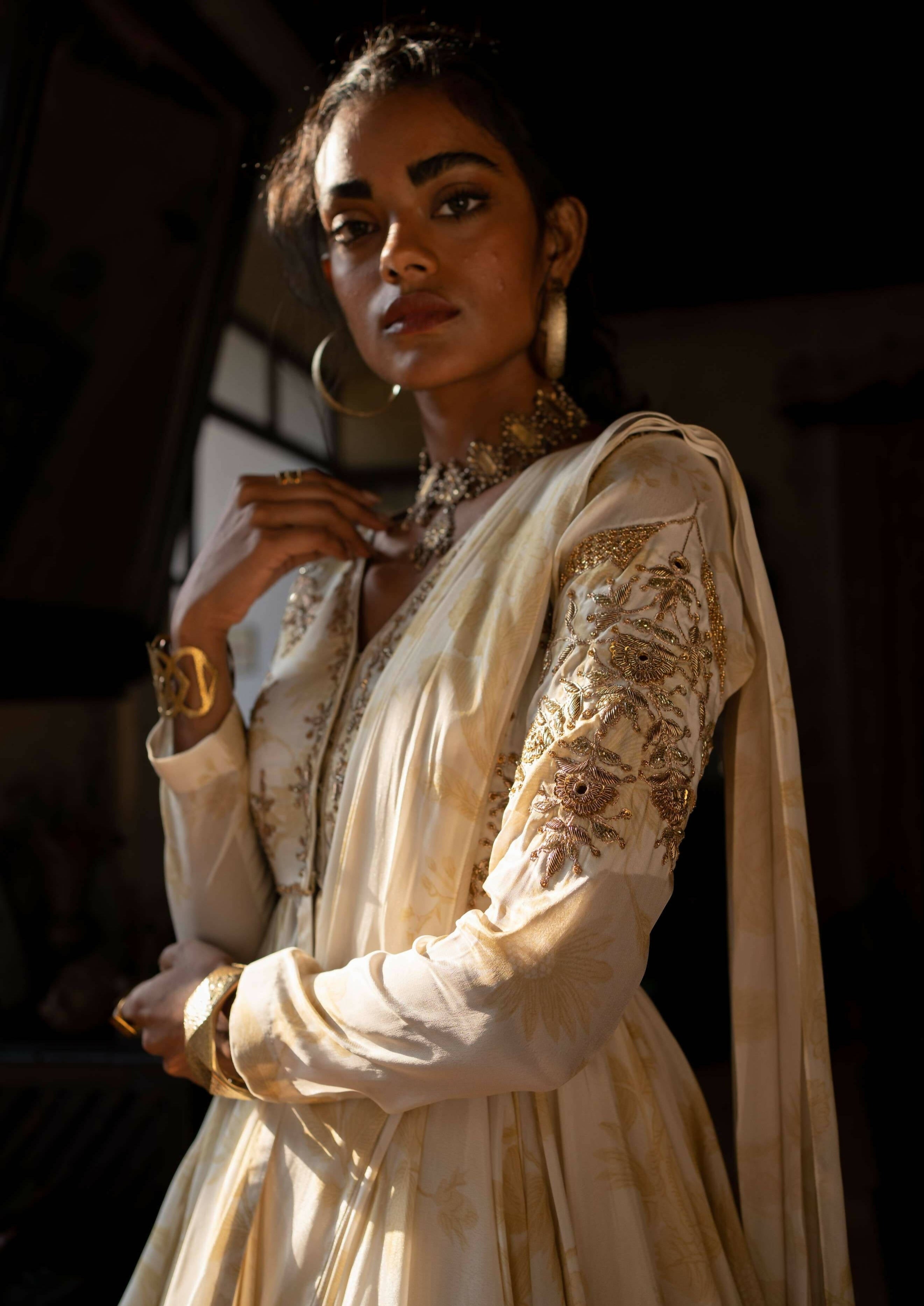 Ivory Floral Peplum Sari Set