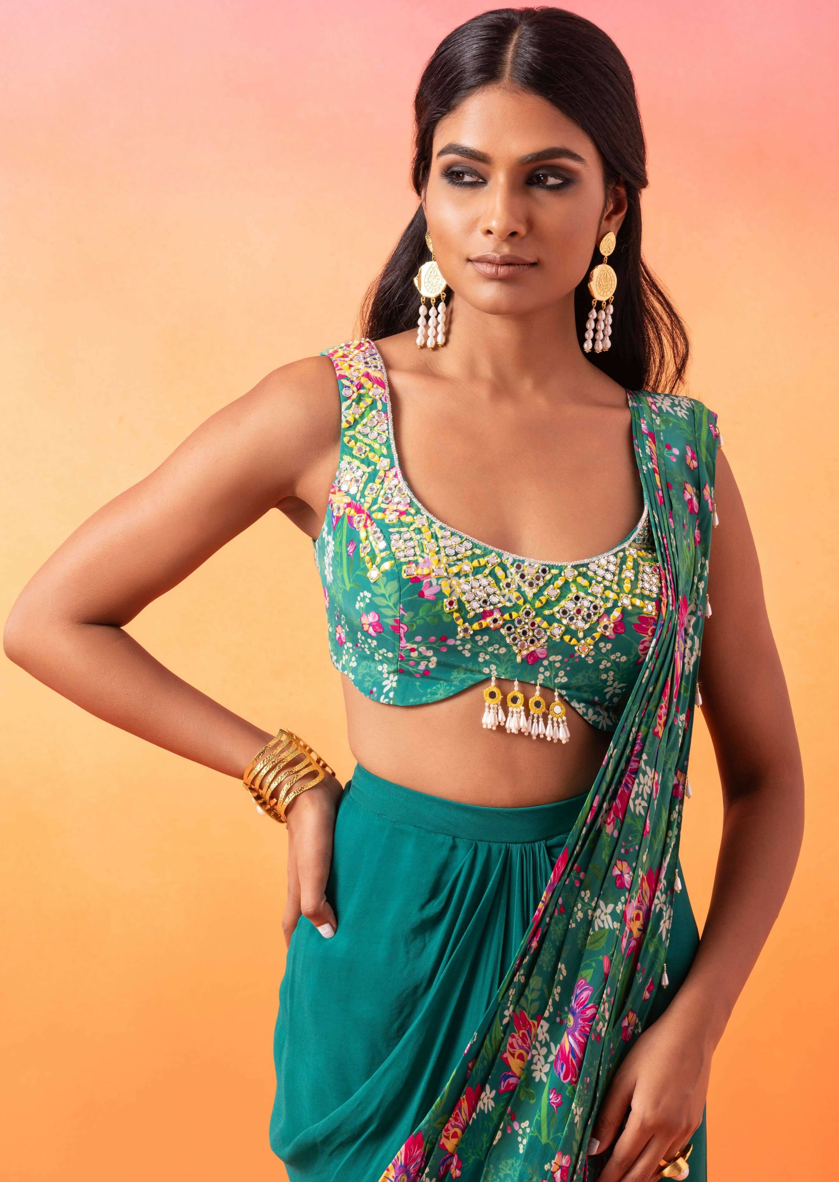 Emerald Green Floral Printed Choli & Skirt Set